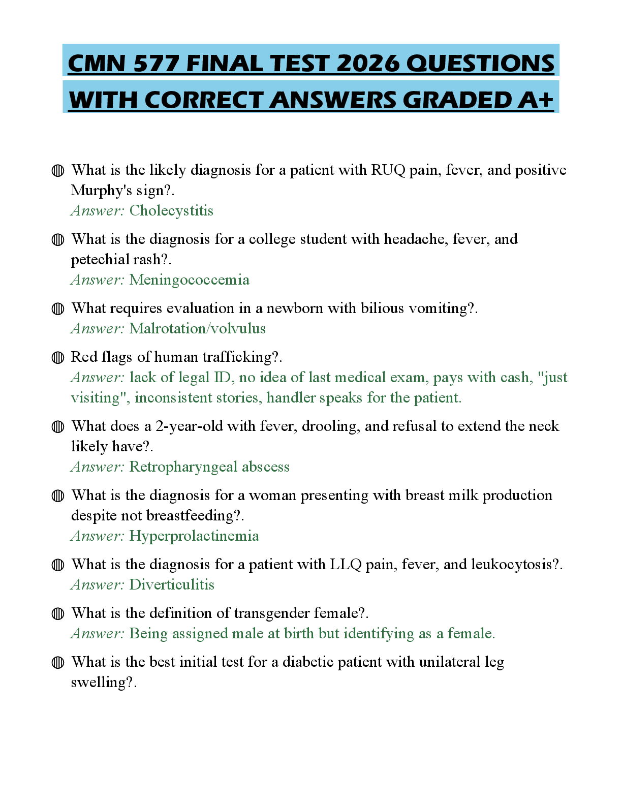 Recommended document preview for CMN 577 FINAL TEST 2026 QUESTIONS WITH CORRECT ANSWERS GRADED A+