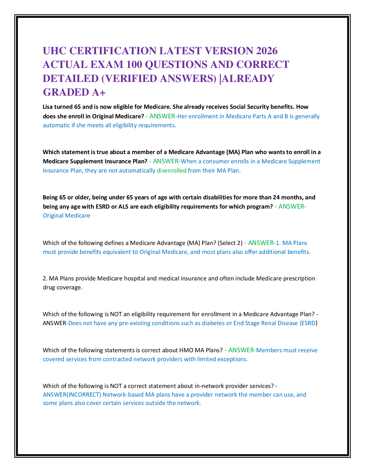 Recommended document preview for UHC CERTIFICATION LATEST VERSION 2026   ACTUAL EXAM 100 QUESTIONS AND CORRECT   DETAILED (VERIFIED ANSWERS) |ALREADY  GRADED A+