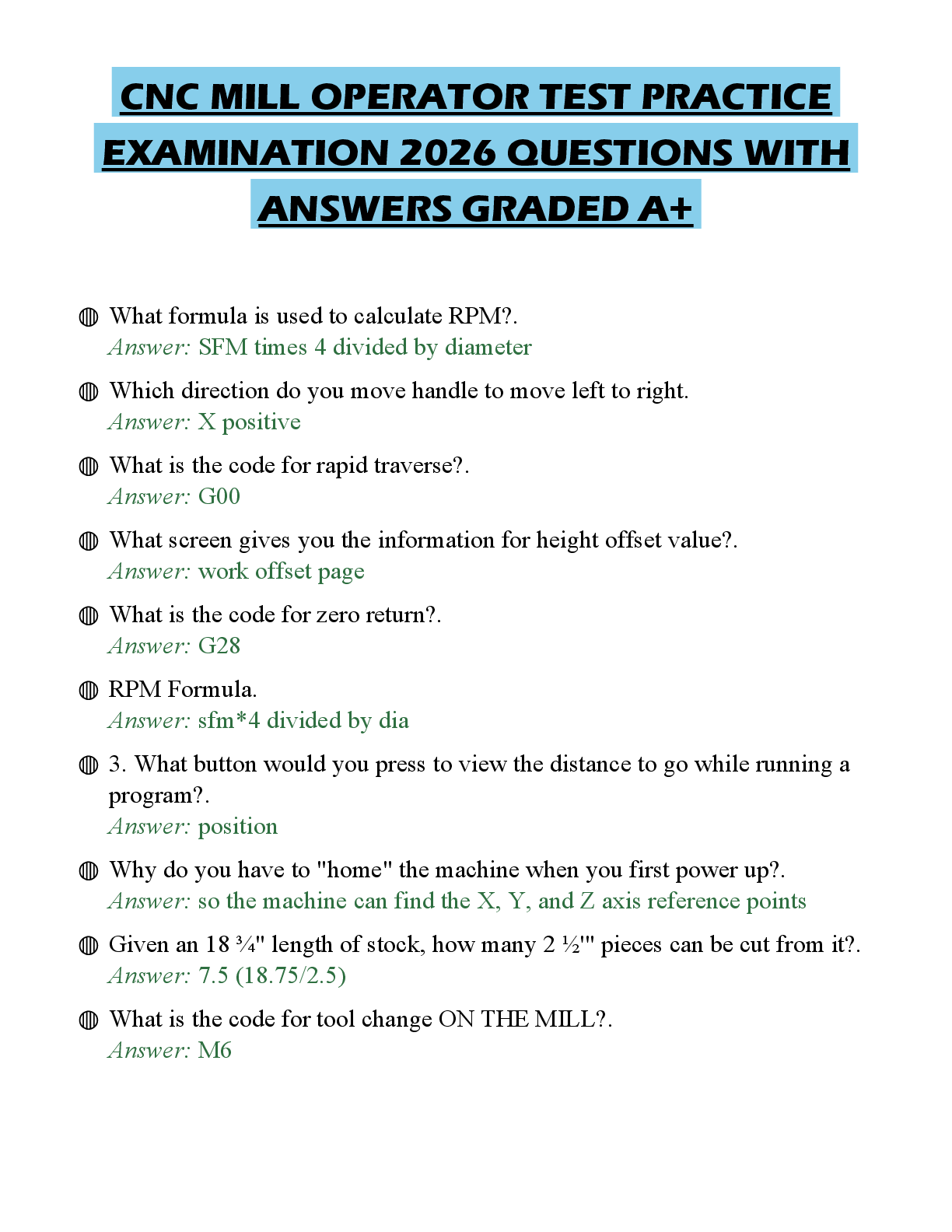 Recommended document preview for CNC MILL OPERATOR TEST PRACTICE EXAMINATION 2026 QUESTIONS WITH ANSWERS GRADED A+
