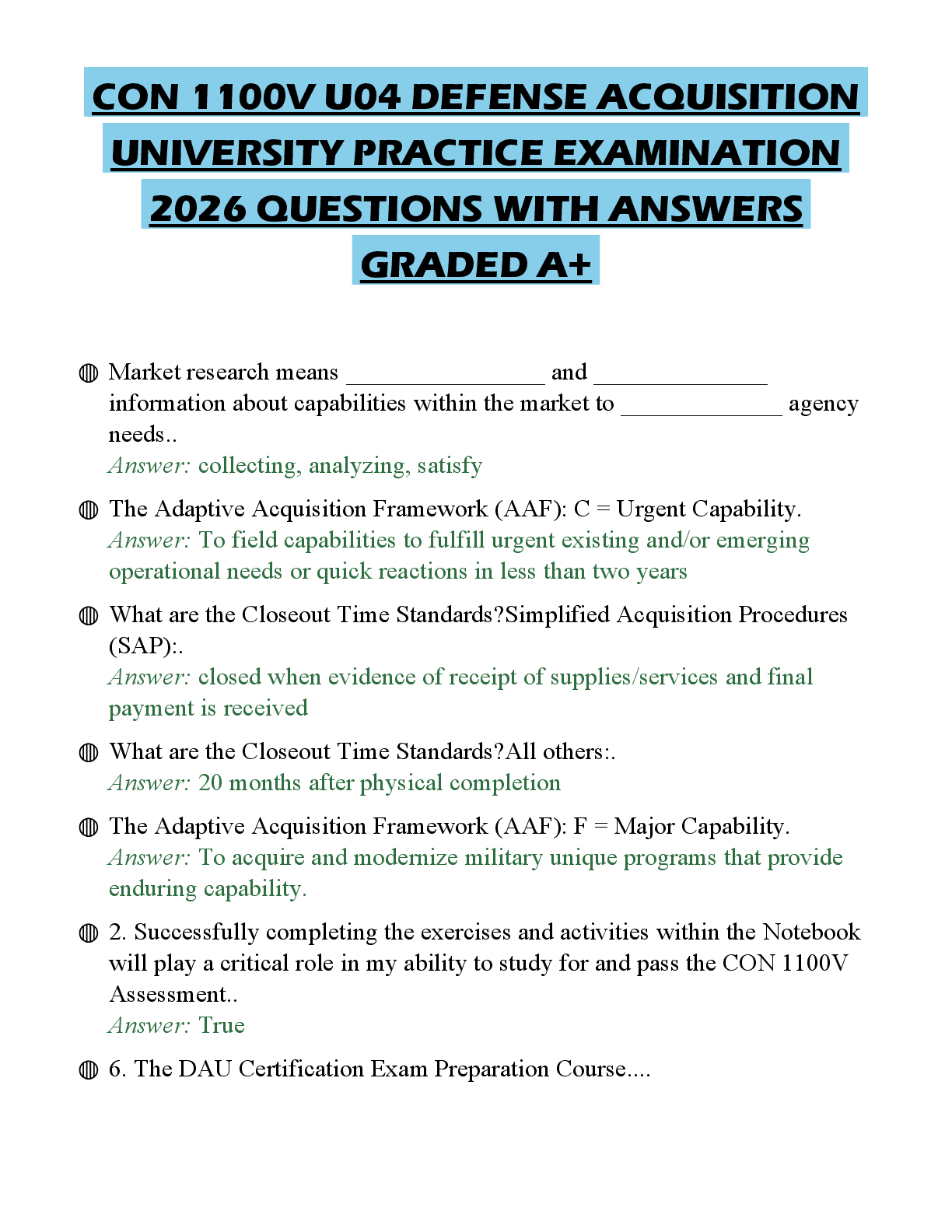 Recommended document preview for CON 1100V U04 DEFENSE ACQUISITION UNIVERSITY PRACTICE EXAMINATION 2026 QUESTIONS WITH ANSWERS GRADED A+