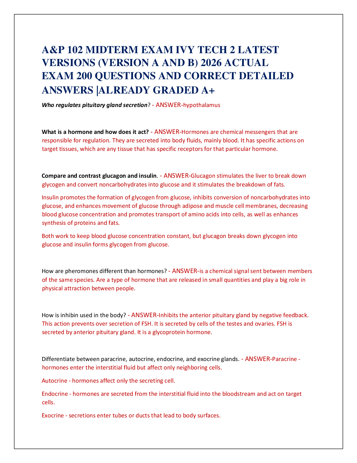 Recommended document preview for A&P 102 MIDTERM EXAM IVY TECH 2 LATEST   VERSIONS (VERSION A AND B) 2026 ACTUAL   EXAM 200 QUESTIONS AND CORRECT DETAILED   ANSWERS |ALREADY GRADED A+