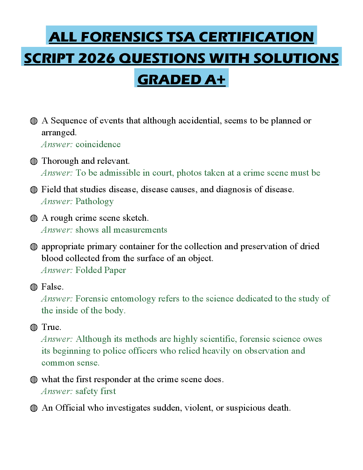 Recommended document preview for ALL FORENSICS TSA CERTIFICATION SCRIPT 2026 QUESTIONS WITH SOLUTIONS GRADED A+