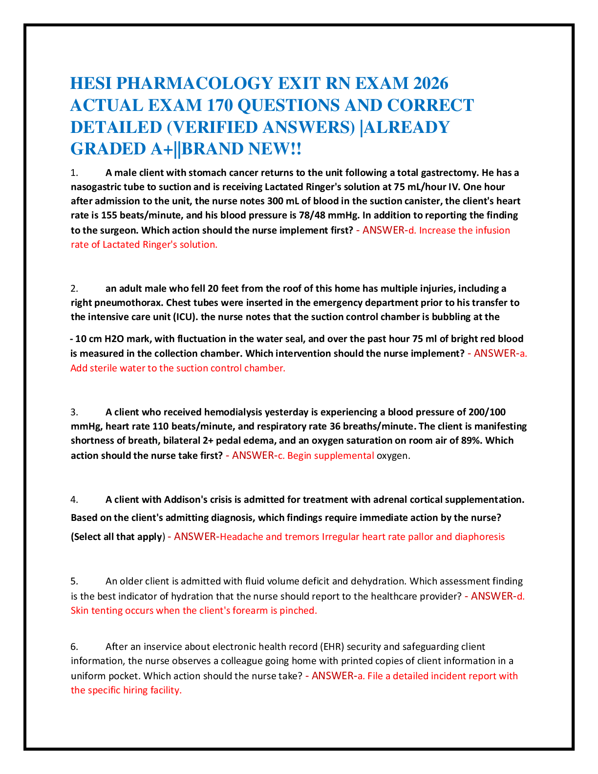 Preview of HESI PHARMACOLOGY EXIT RN EXAM 2026   ACTUAL EXAM 170 QUESTIONS AND CORRECT  DETAILED (VERIFIED ANSWERS) |ALREADY  GRADED A+||BRAND NEW!!
