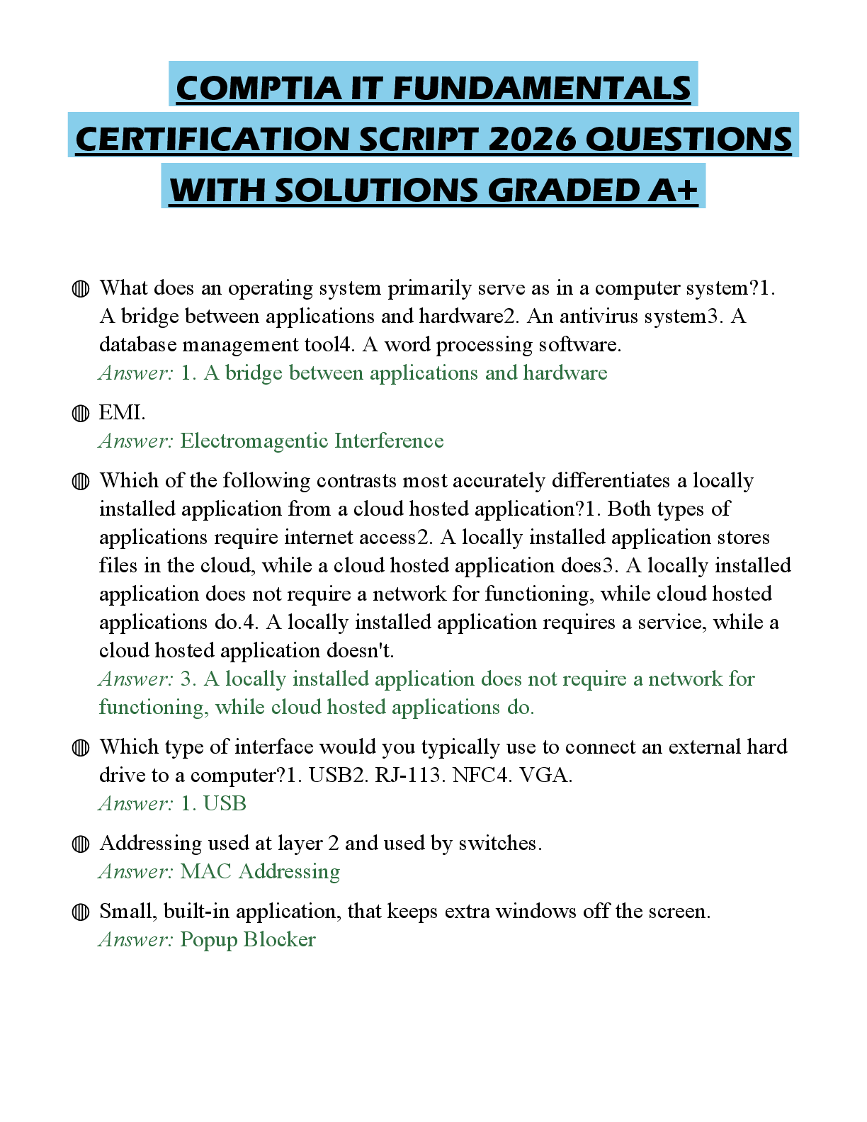 Recommended document preview for COMPTIA IT FUNDAMENTALS CERTIFICATION SCRIPT 2026 QUESTIONS WITH SOLUTIONS GRADED A+