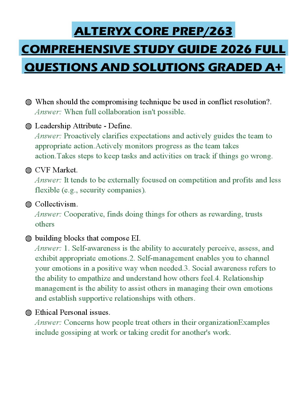 Recommended document preview for ALTERYX CORE PREP/263 COMPREHENSIVE STUDY GUIDE 2026 FULL QUESTIONS AND SOLUTIONS GRADED A+