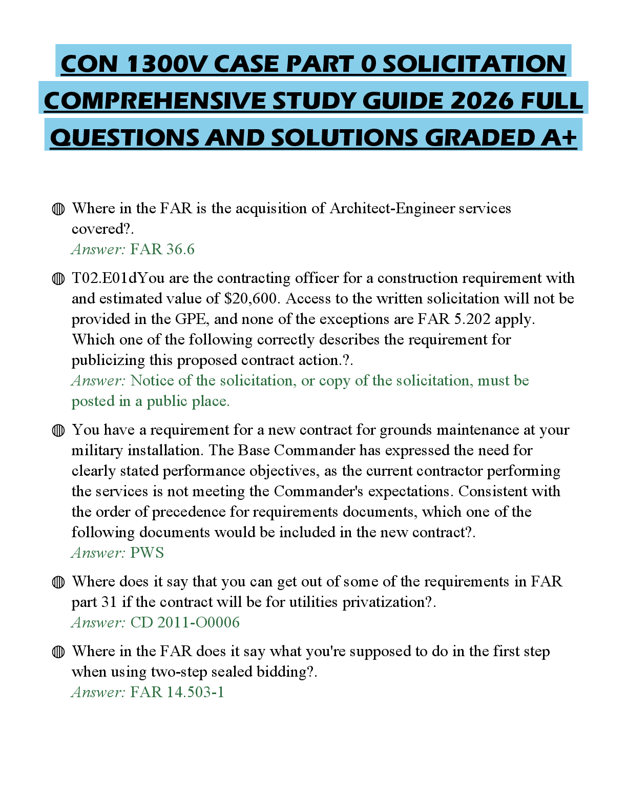 Preview of CON 1300V CASE PART 0 SOLICITATION COMPREHENSIVE STUDY GUIDE 2026 FULL QUESTIONS AND SOLUT