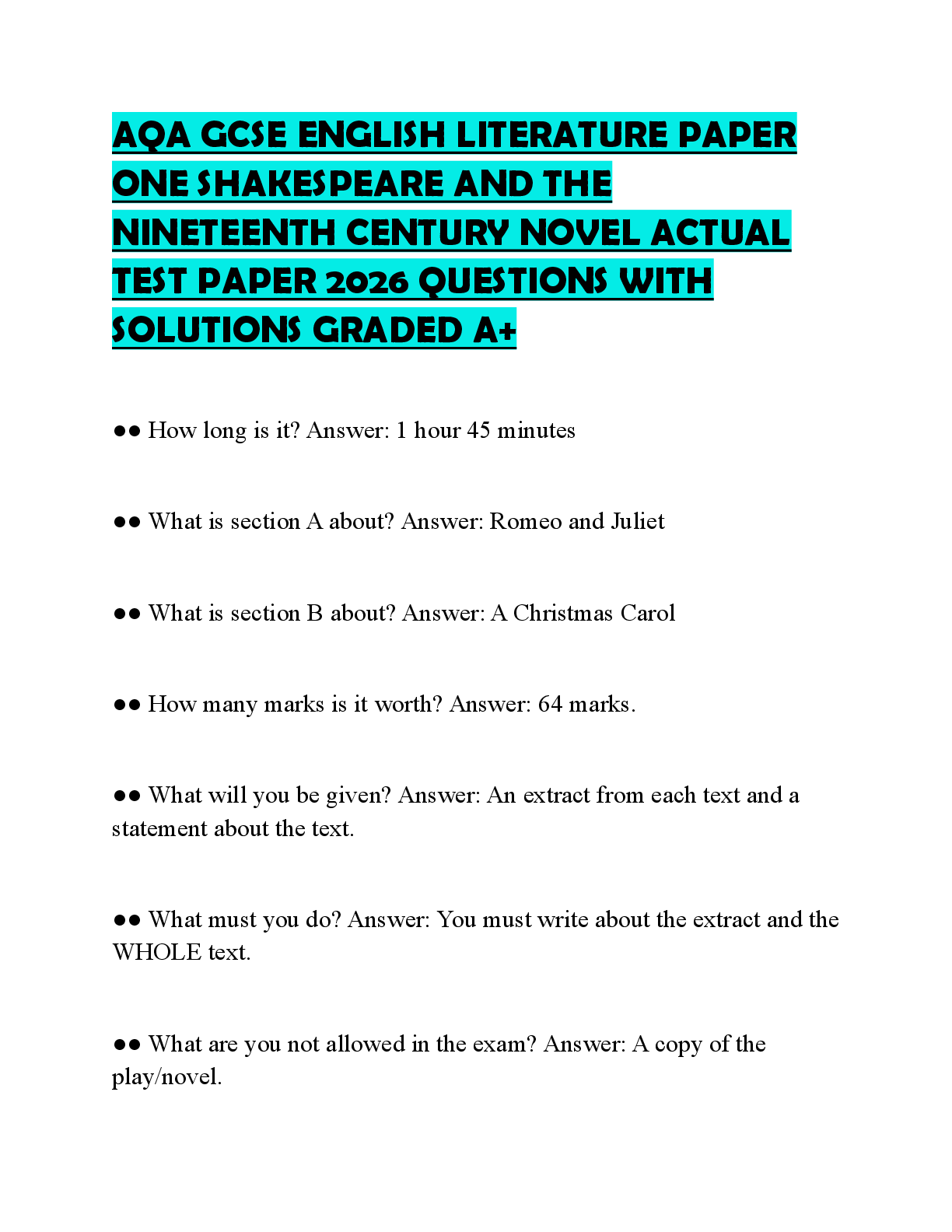 Recommended document preview for AQA GCSE ENGLISH LITERATURE PAPER ONE SHAKESPEARE AND THE NINETEENTH CENTURY NOVEL ACTUAL TEST PAPER 2026 QUESTIONS WITH SOLUTIONS GRADED A+