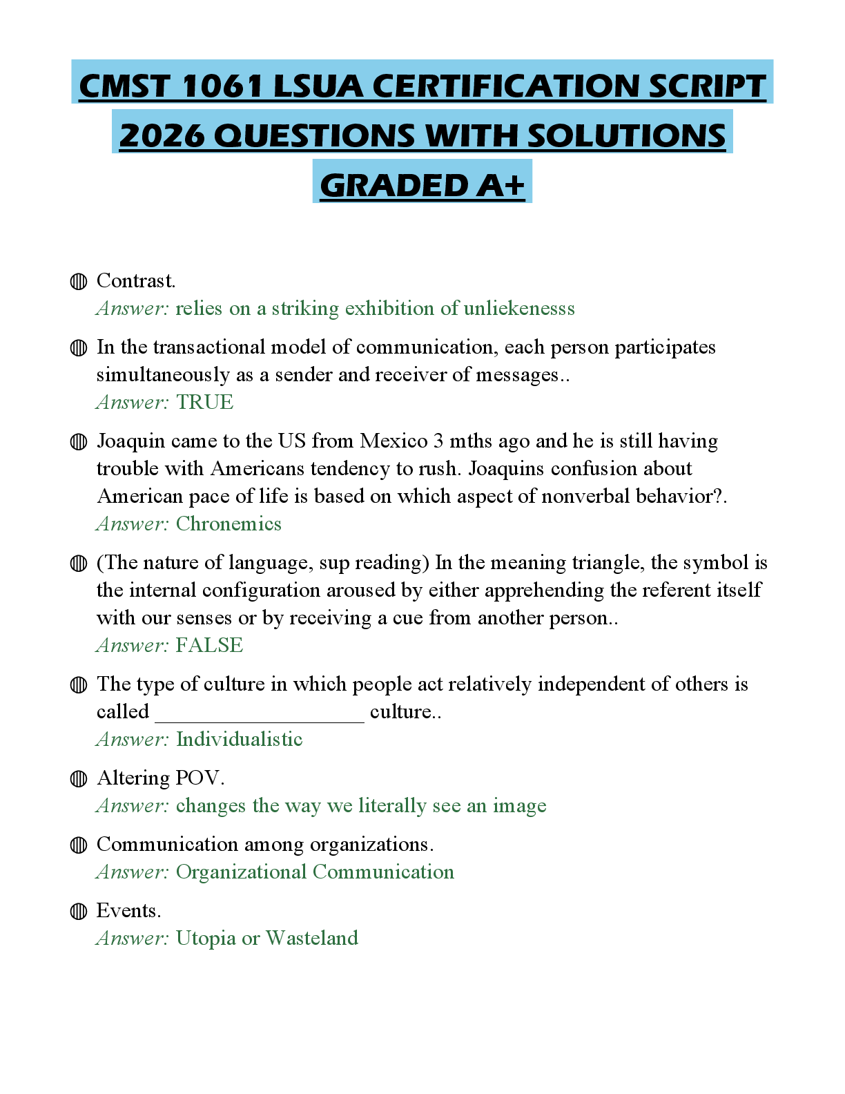 Recommended document preview for CMST 1061 LSUA CERTIFICATION SCRIPT 2026 QUESTIONS WITH SOLUTIONS GRADED A+
