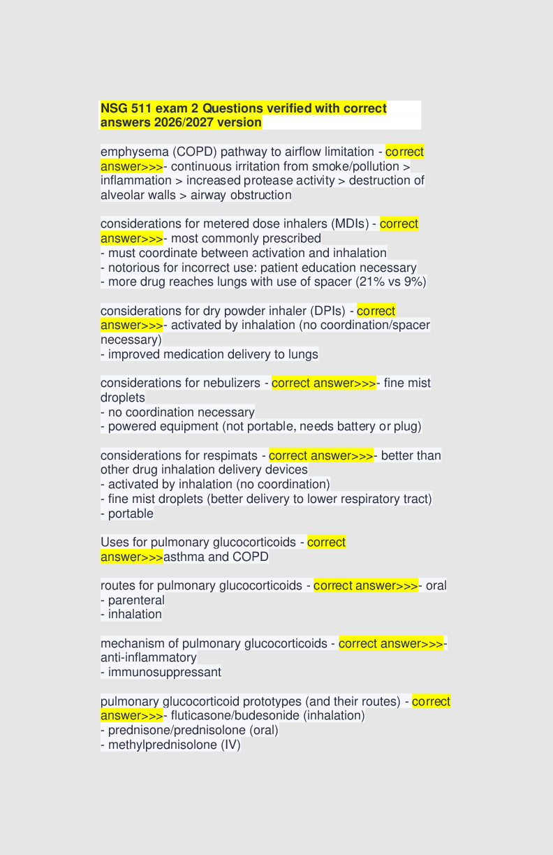 Preview of NSG 511 exam 2 Questions verified with correct answers 2026/2027 version