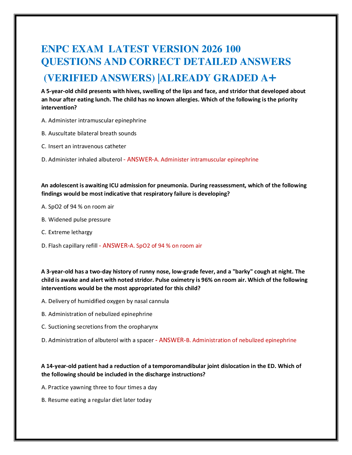 ENPC EXAM  LATEST VERSION 2026 100   QUESTIONS AND CORRECT DETAILED ANSWERS   (VERIFIED ANSWERS) |ALREADY GRADED A+