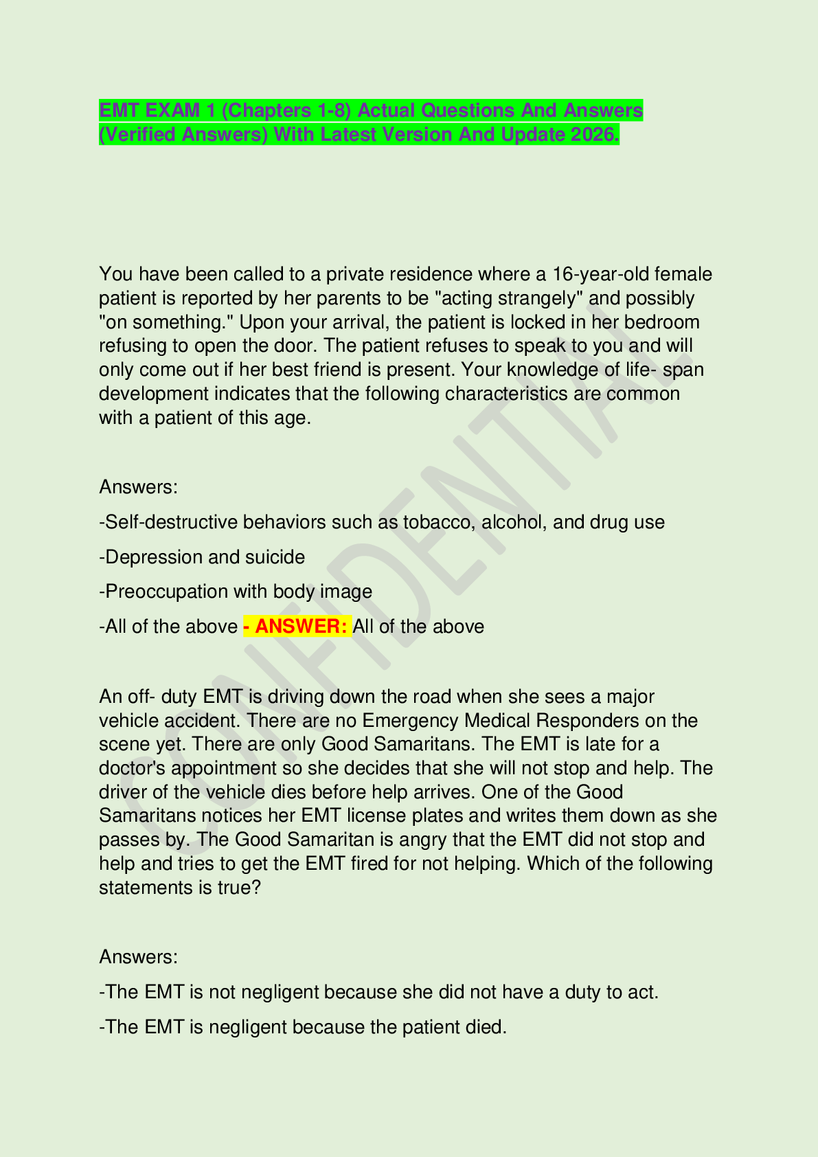 Recommended document preview for EMT EXAM 1 (Chapters 1-8) Actual Questions And Answers (Verified Answers) With Latest Version And Update 2026.
