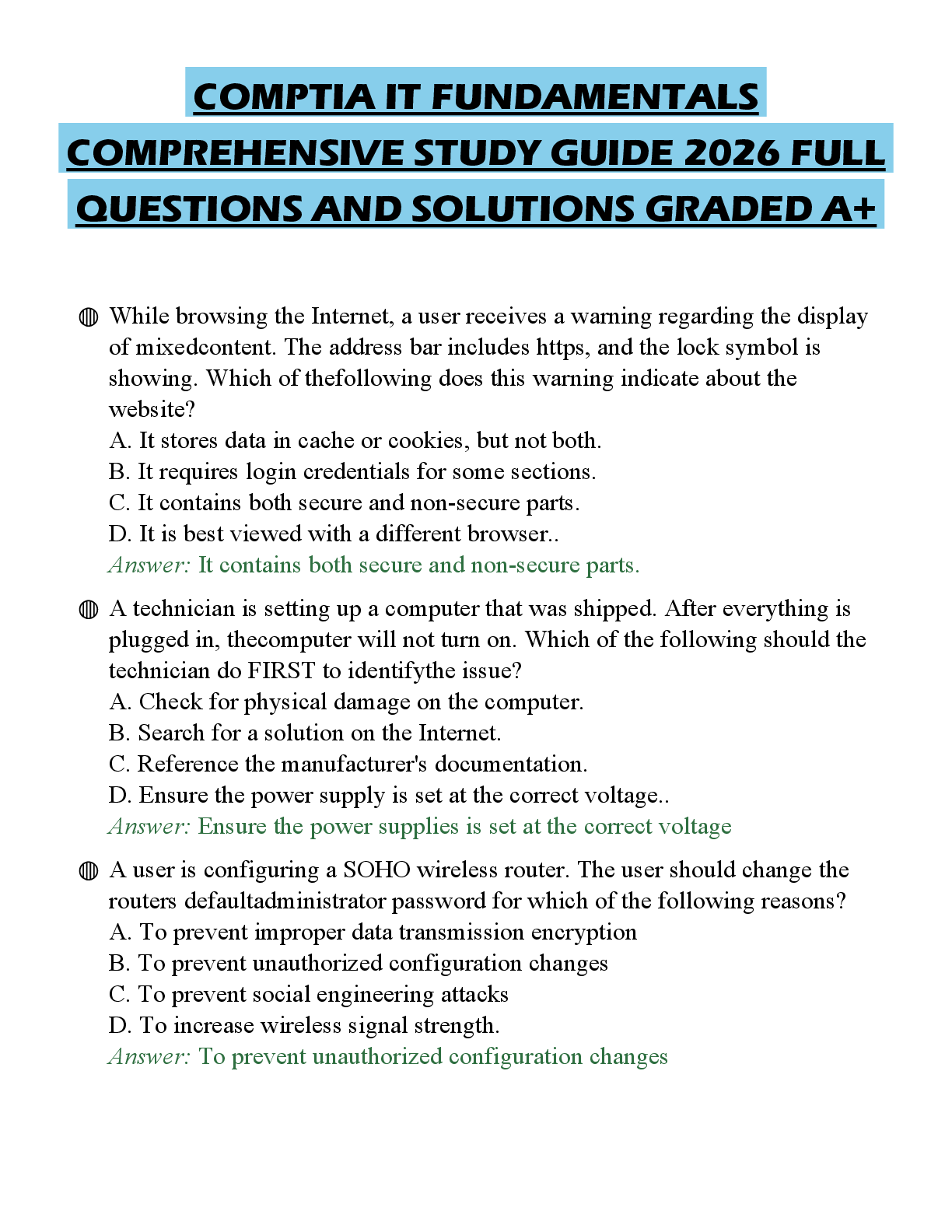 Preview of COMPTIA IT FUNDAMENTALS COMPREHENSIVE STUDY GUIDE 2026 FULL QUESTIONS AND SOLUTIONS GRADED