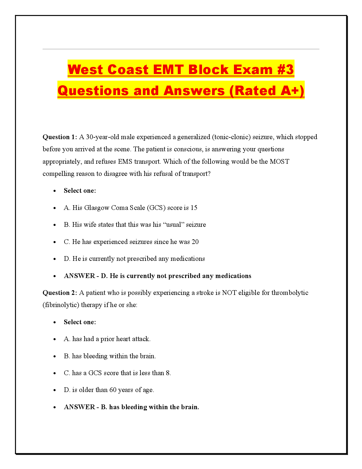 Preview of West Coast EMT Block Exam #3 Questions and Answers (Rated A+)