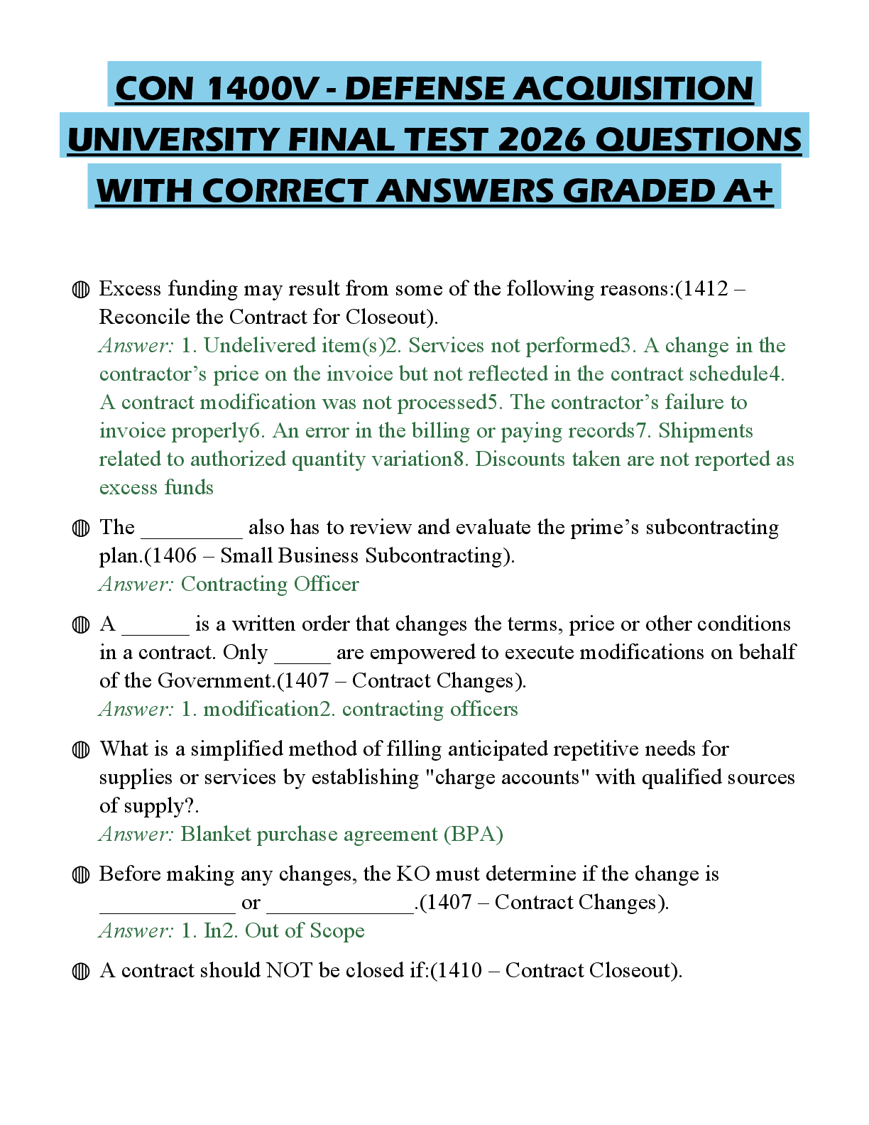 Recommended document preview for CON 1400V - DEFENSE ACQUISITION UNIVERSITY FINAL TEST 2026 QUESTIONS WITH CORRECT ANSWERS GRADED A+