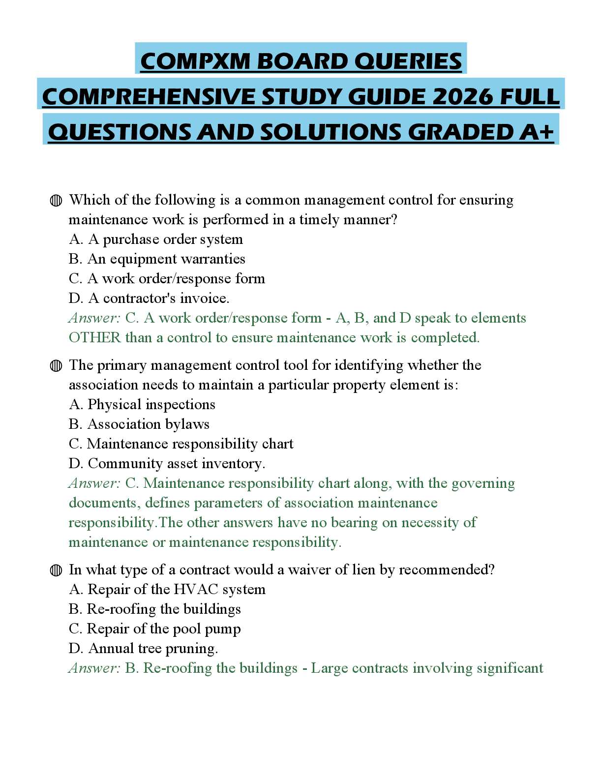 Recommended document preview for COMPXM BOARD QUERIES COMPREHENSIVE STUDY GUIDE 2026 FULL QUESTIONS AND SOLUTIONS GRADED A+