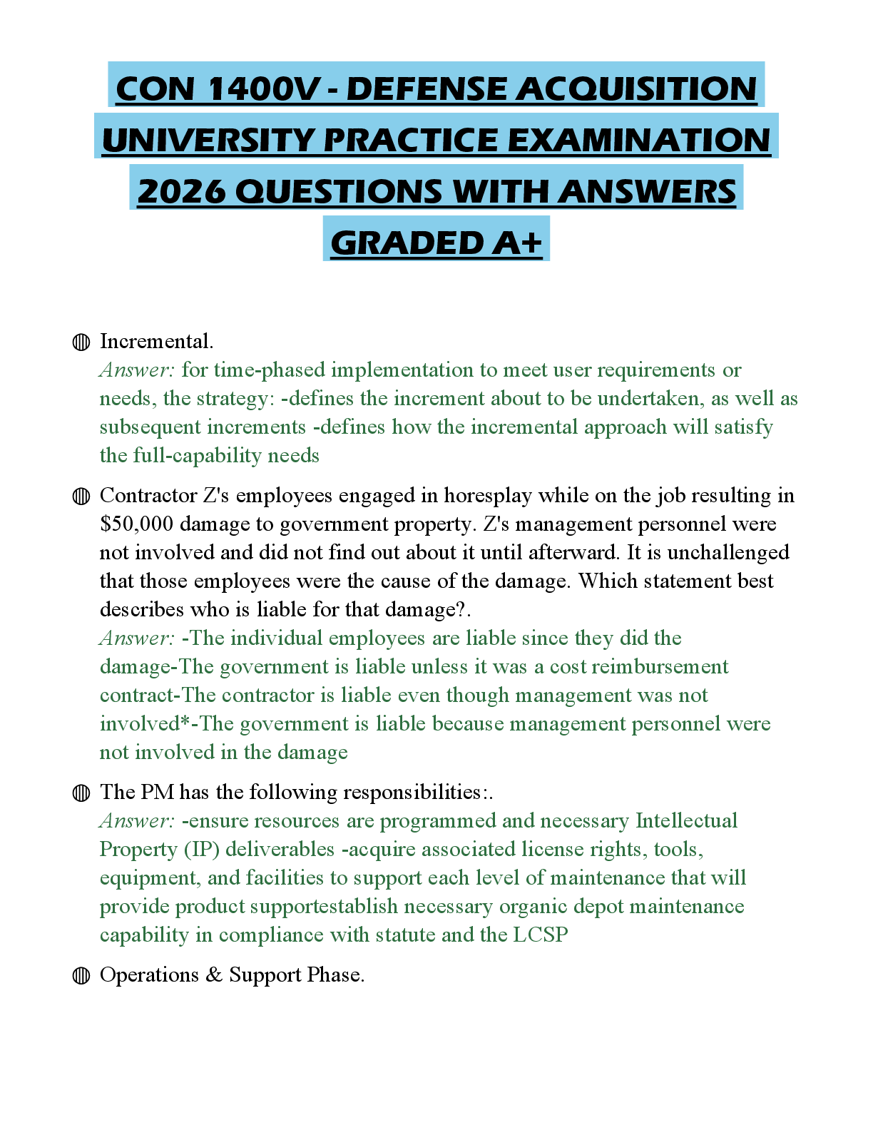 Recommended document preview for CON 1400V - DEFENSE ACQUISITION UNIVERSITY PRACTICE EXAMINATION 2026 QUESTIONS WITH ANSWERS GRADED A+
