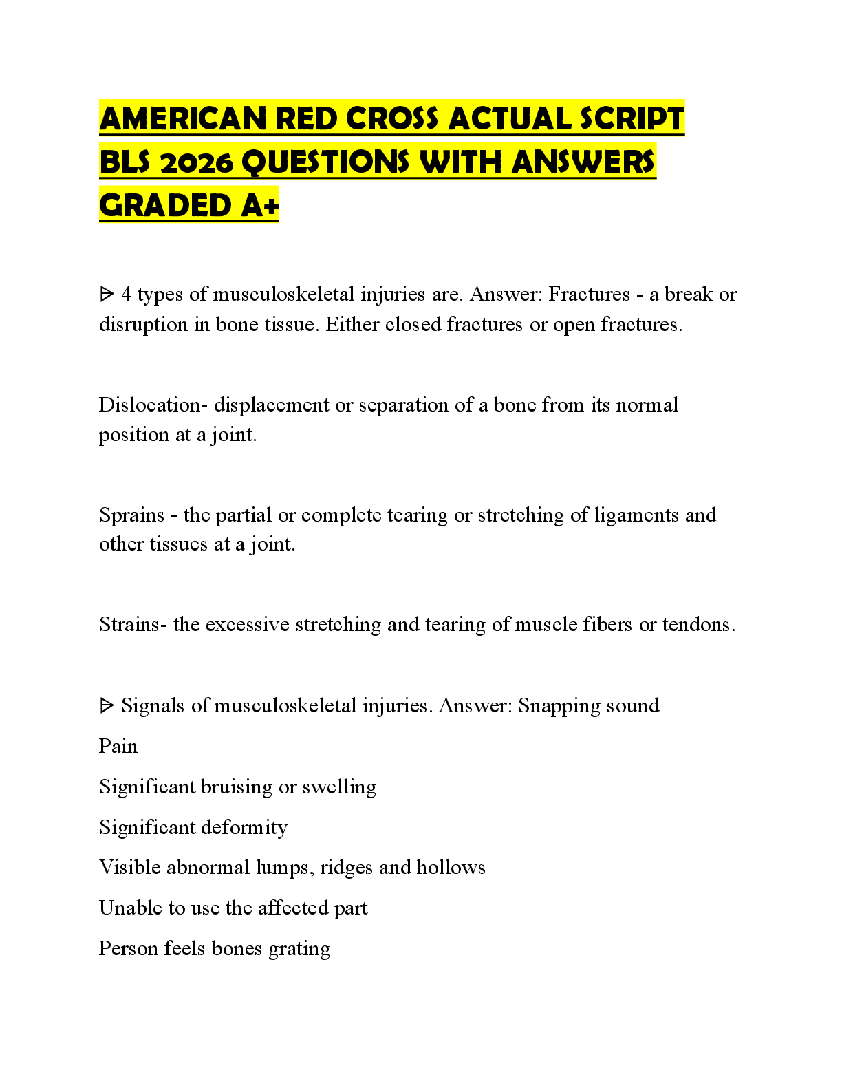 Recommended document preview for AMERICAN RED CROSS ACTUAL SCRIPT BLS 2026 QUESTIONS WITH ANSWERS GRADED A+