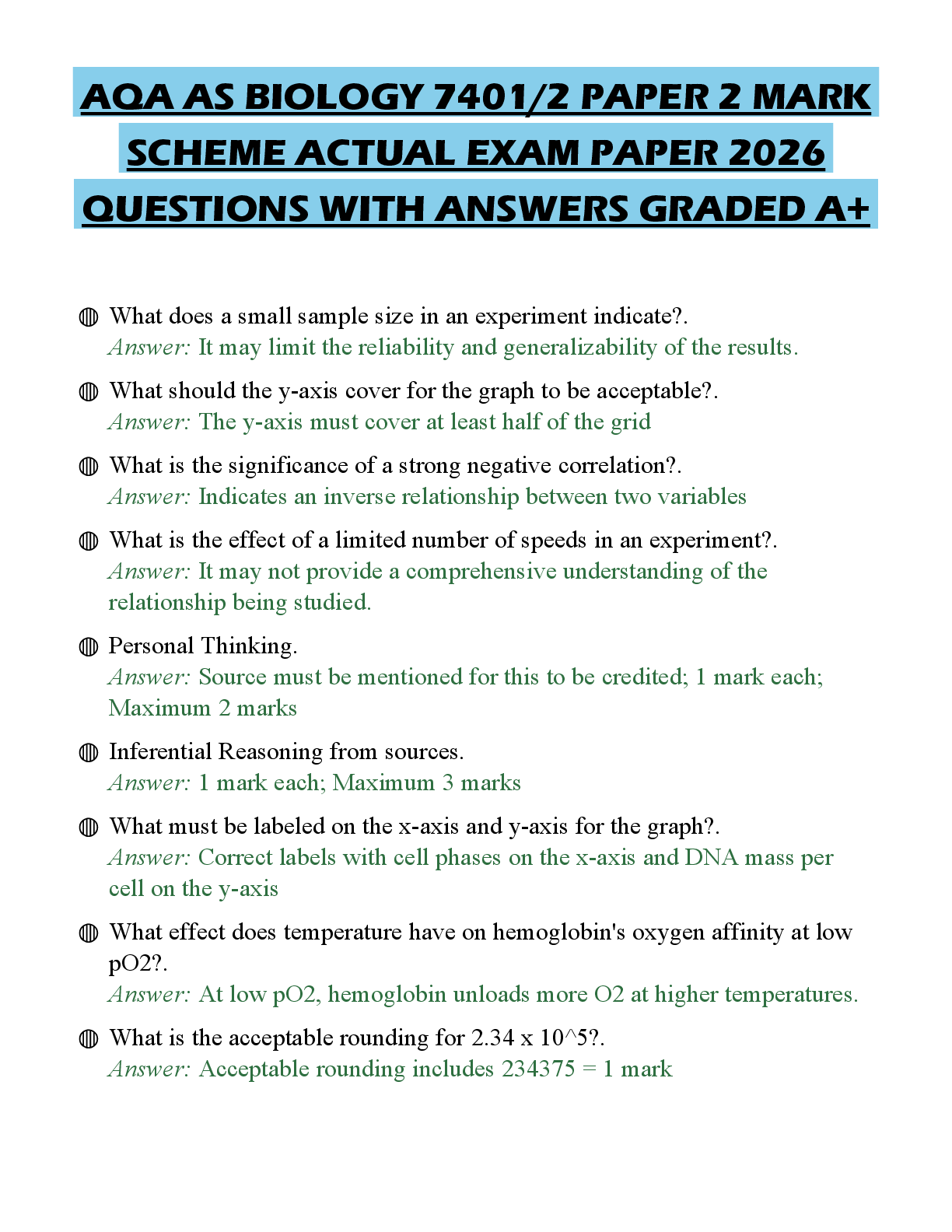 Recommended document preview for AQA AS BIOLOGY 7401/2 PAPER 2 MARK SCHEME ACTUAL EXAM PAPER 2026 QUESTIONS WITH ANSWERS GRADED A+