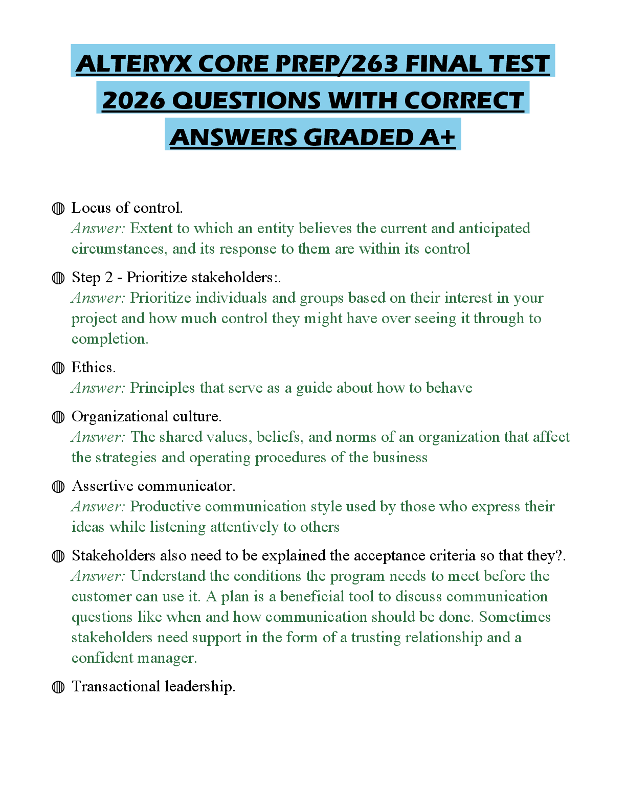 Recommended document preview for ALTERYX CORE PREP/263 FINAL TEST 2026 QUESTIONS WITH CORRECT ANSWERS GRADED A+
