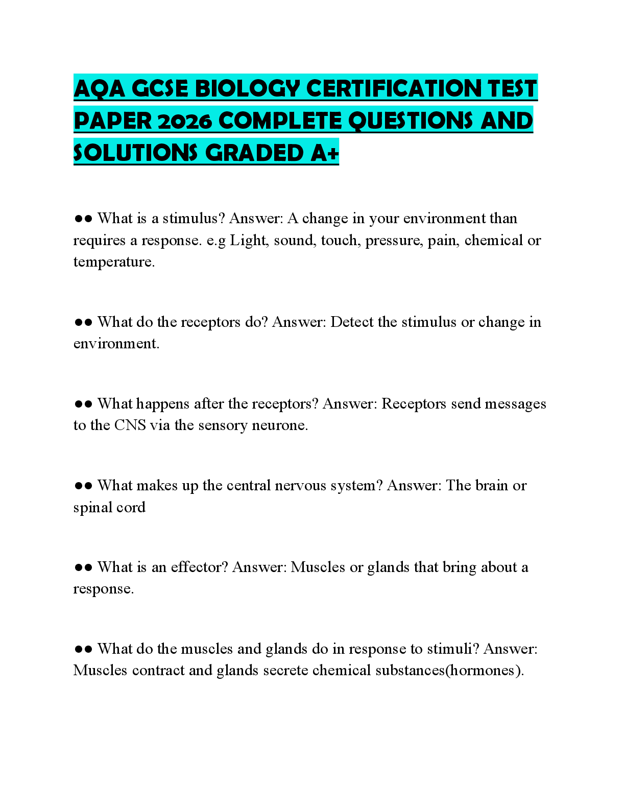 Recommended document preview for AQA GCSE BIOLOGY CERTIFICATION TEST PAPER 2026 COMPLETE QUESTIONS AND SOLUTIONS GRADED A+