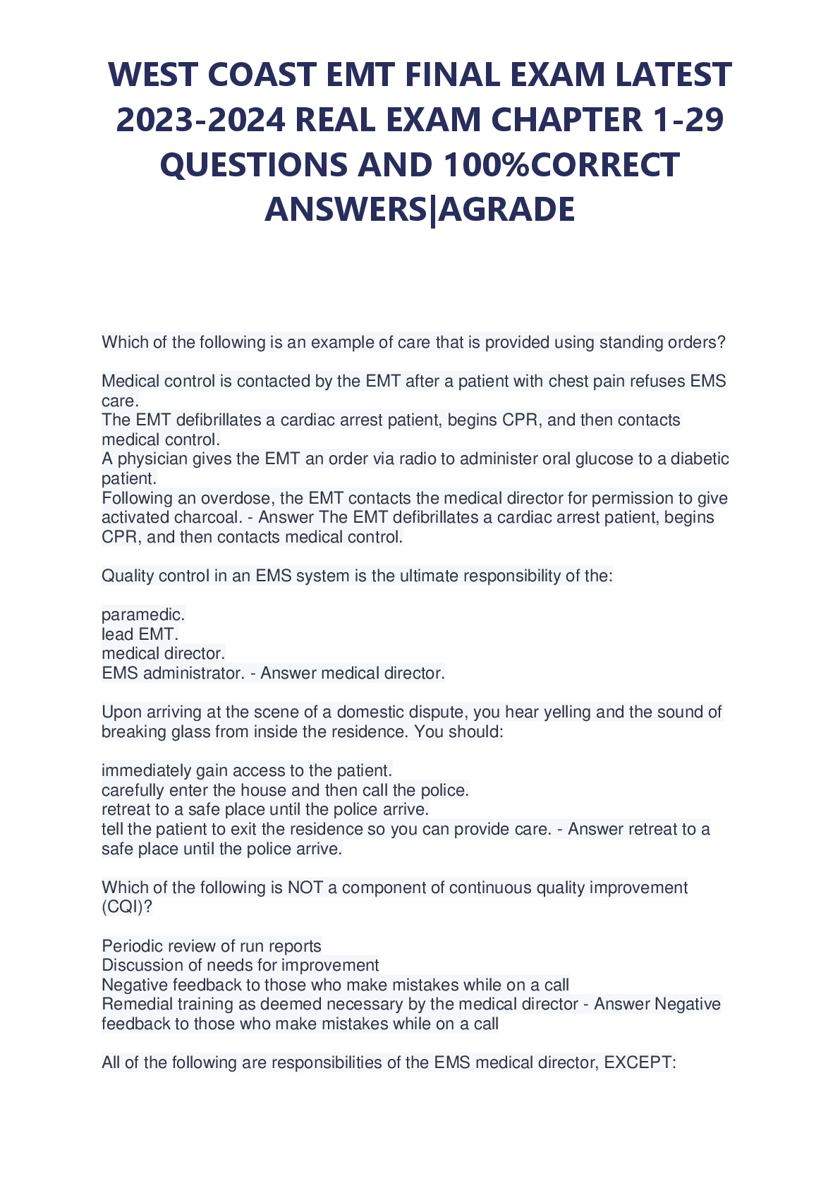Recommended document preview for WEST COAST EMT FINAL EXAM LATEST  2023-2024 REAL EXAM CHAPTER 1-29  QUESTIONS AND 100%CORRECT  ANSWERS|AGRADE