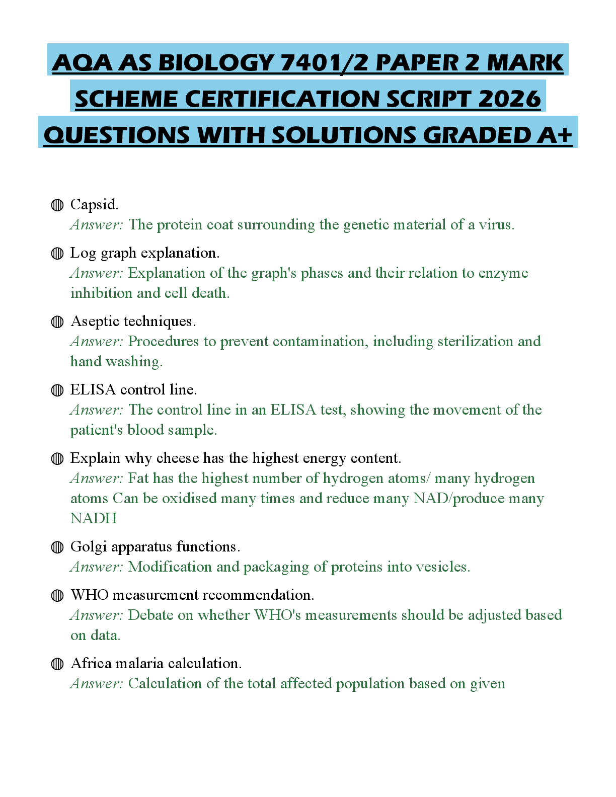 Recommended document preview for AQA AS BIOLOGY 7401/2 PAPER 2 MARK SCHEME CERTIFICATION SCRIPT 2026 QUESTIONS WITH SOLUTIONS GRADED A+