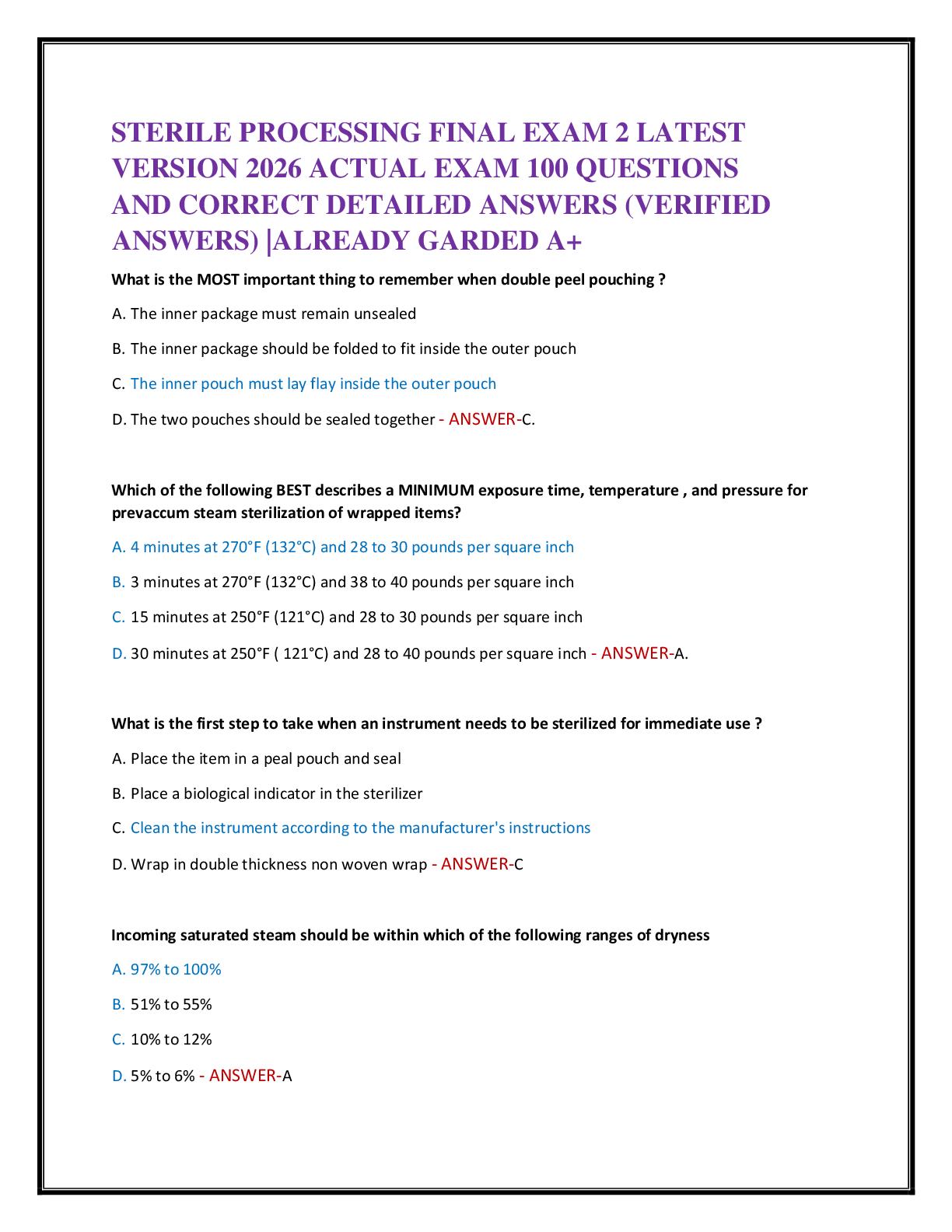 Recommended document preview for STERILE PROCESSING FINAL EXAM 2 LATEST   VERSION 2026 ACTUAL EXAM 100 QUESTIONS   AND CORRECT DETAILED ANSWERS (VERIFIED  ANSWERS) |ALREADY GARDED A+