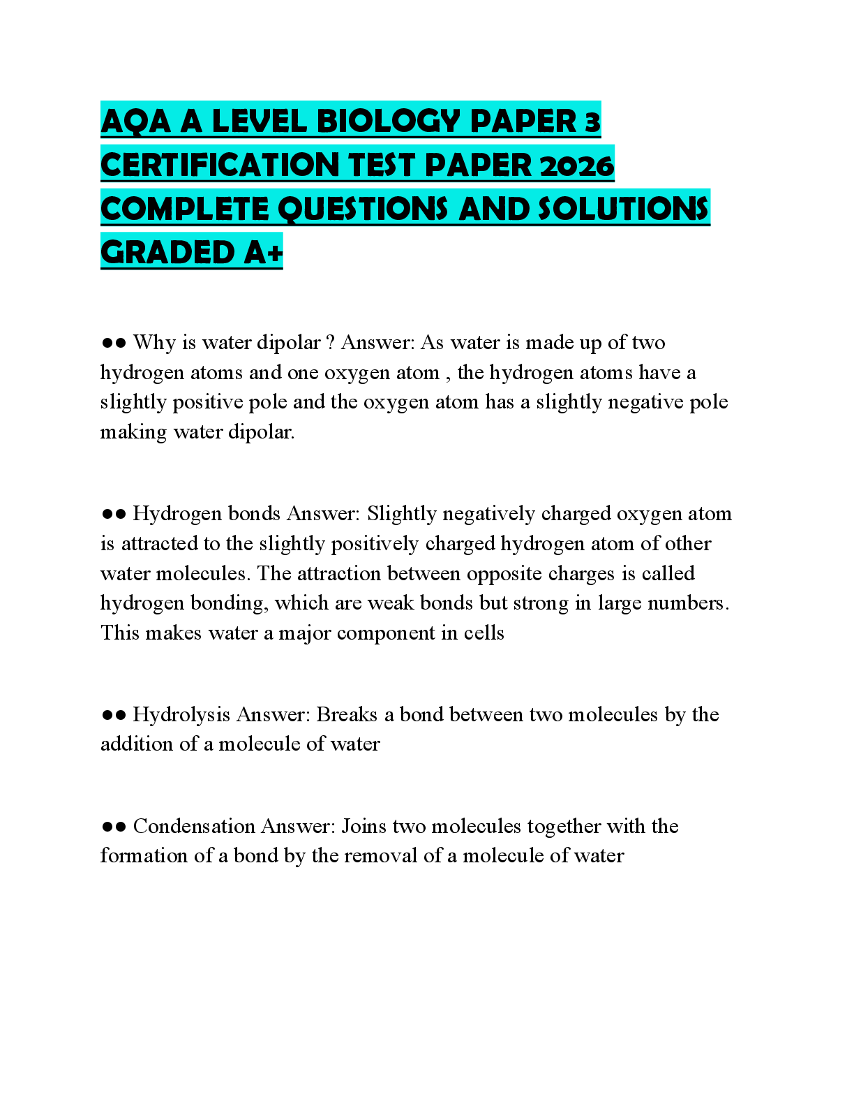 Recommended document preview for AQA A LEVEL BIOLOGY PAPER 3 CERTIFICATION TEST PAPER 2026 COMPLETE QUESTIONS AND SOLUTIONS GRADED A+
