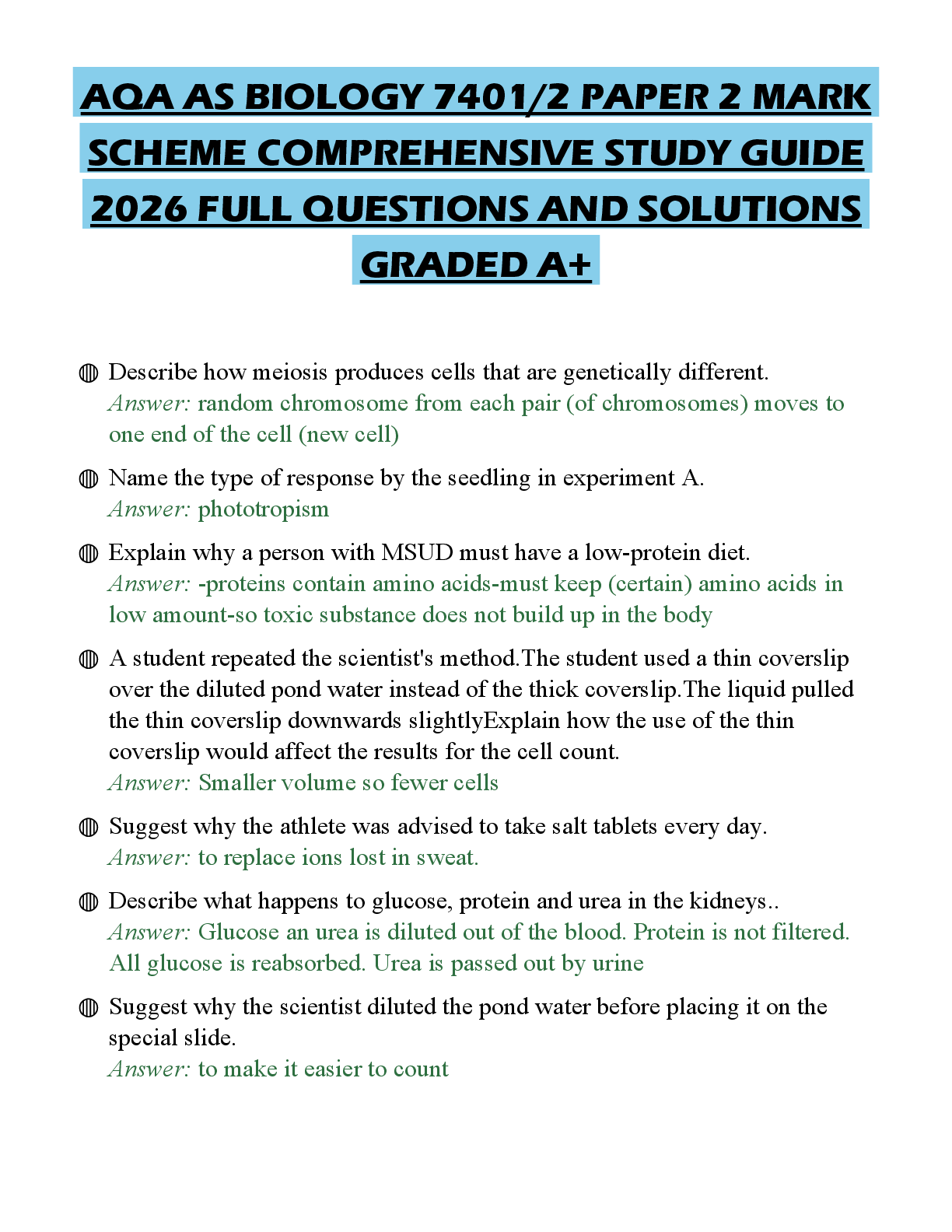 Recommended document preview for AQA AS BIOLOGY 7401/2 PAPER 2 MARK SCHEME COMPREHENSIVE STUDY GUIDE 2026 FULL QUESTIONS AND SOLUTIONS GRADED A+