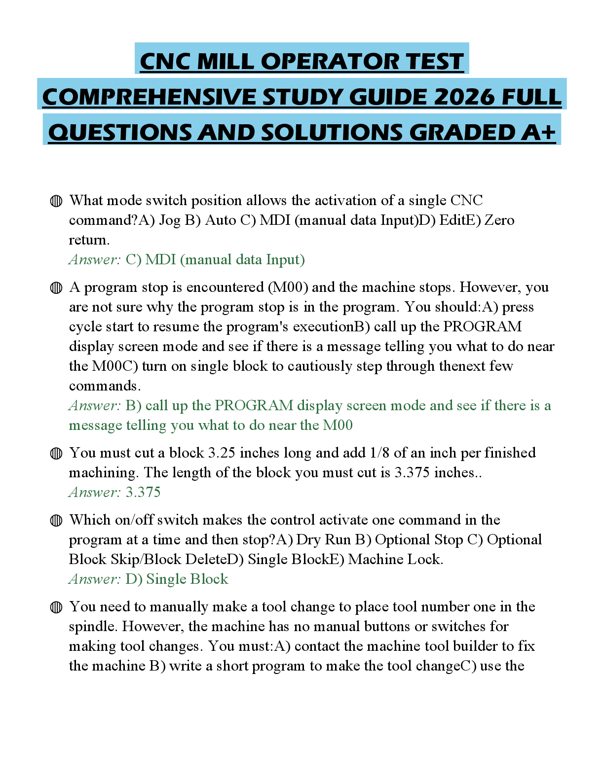Recommended document preview for CNC MILL OPERATOR TEST COMPREHENSIVE STUDY GUIDE 2026 FULL QUESTIONS AND SOLUTIONS GRADED A+