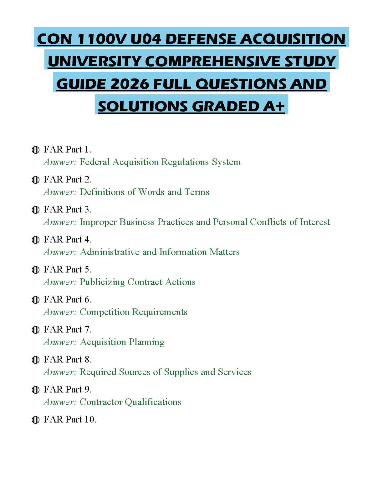 Preview of CON 1100V U04 DEFENSE ACQUISITION UNIVERSITY COMPREHENSIVE STUDY GUIDE 2026 FULL QUESTIONS
