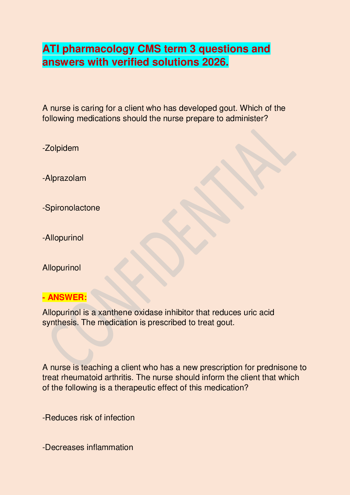 Preview of ATI pharmacology CMS term 3 questions and answers with verified solutions 2026.