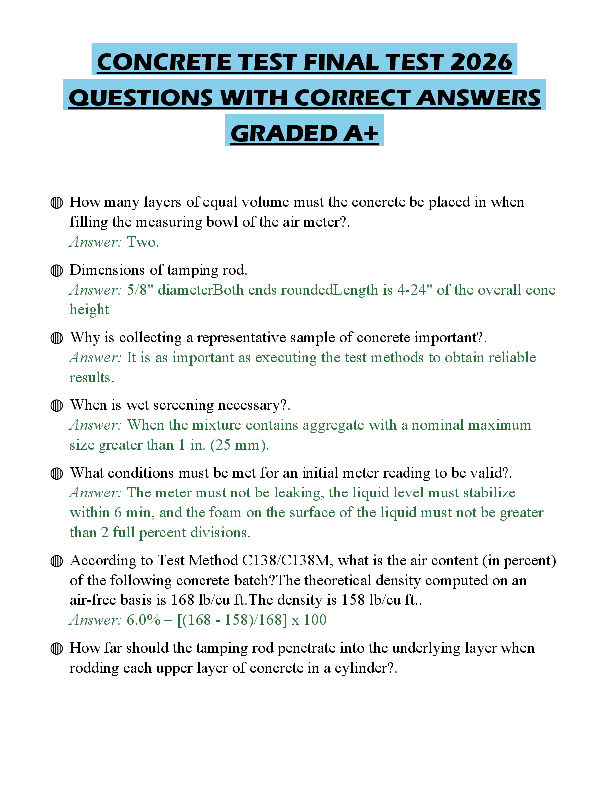 Recommended document preview for CONCRETE TEST FINAL TEST 2026 QUESTIONS WITH CORRECT ANSWERS GRADED A+