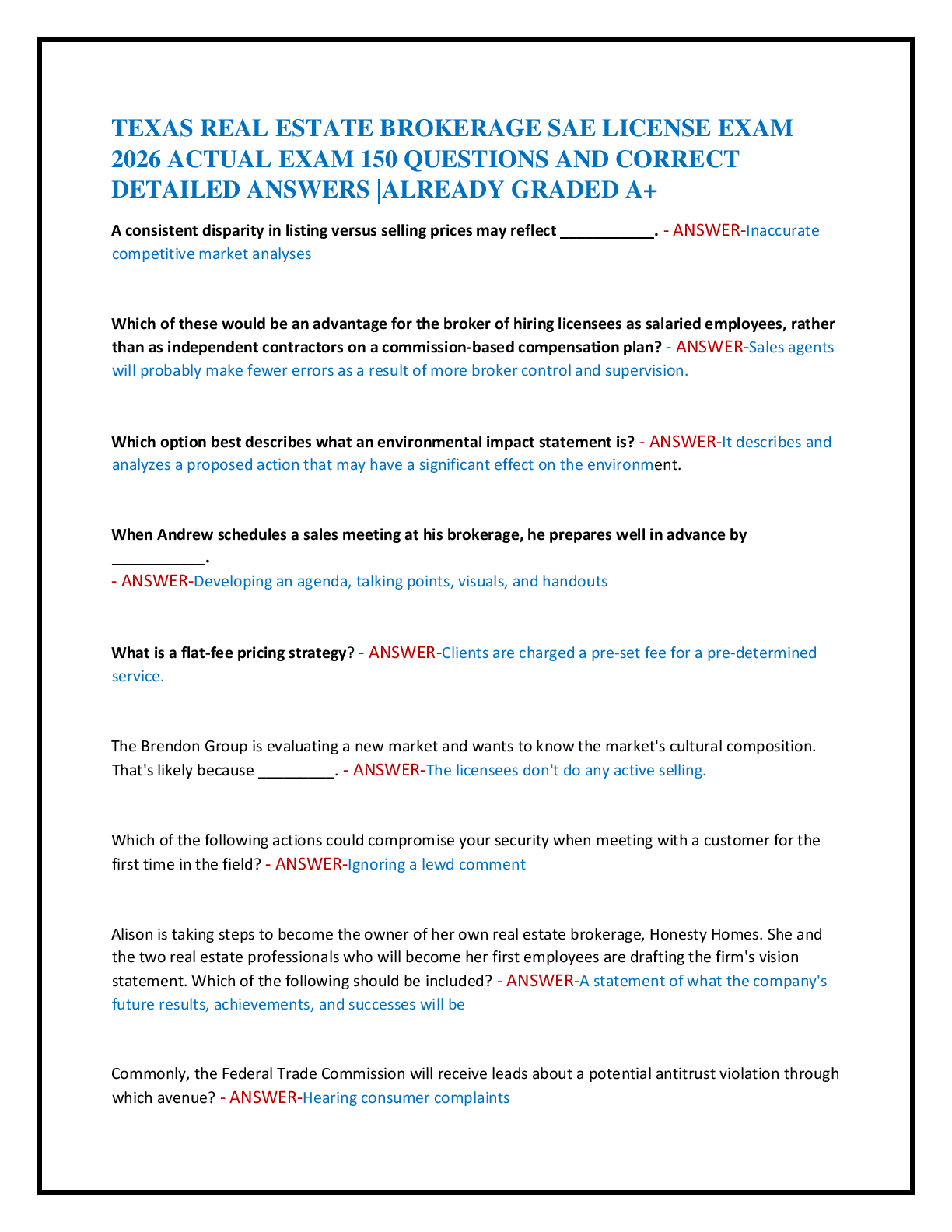 Recommended document preview for TEXAS REAL ESTATE BROKERAGE SAE LICENSE EXAM   2026 ACTUAL EXAM 150 QUESTIONS AND CORRECT   DETAILED ANSWERS |ALREADY GRADED A+