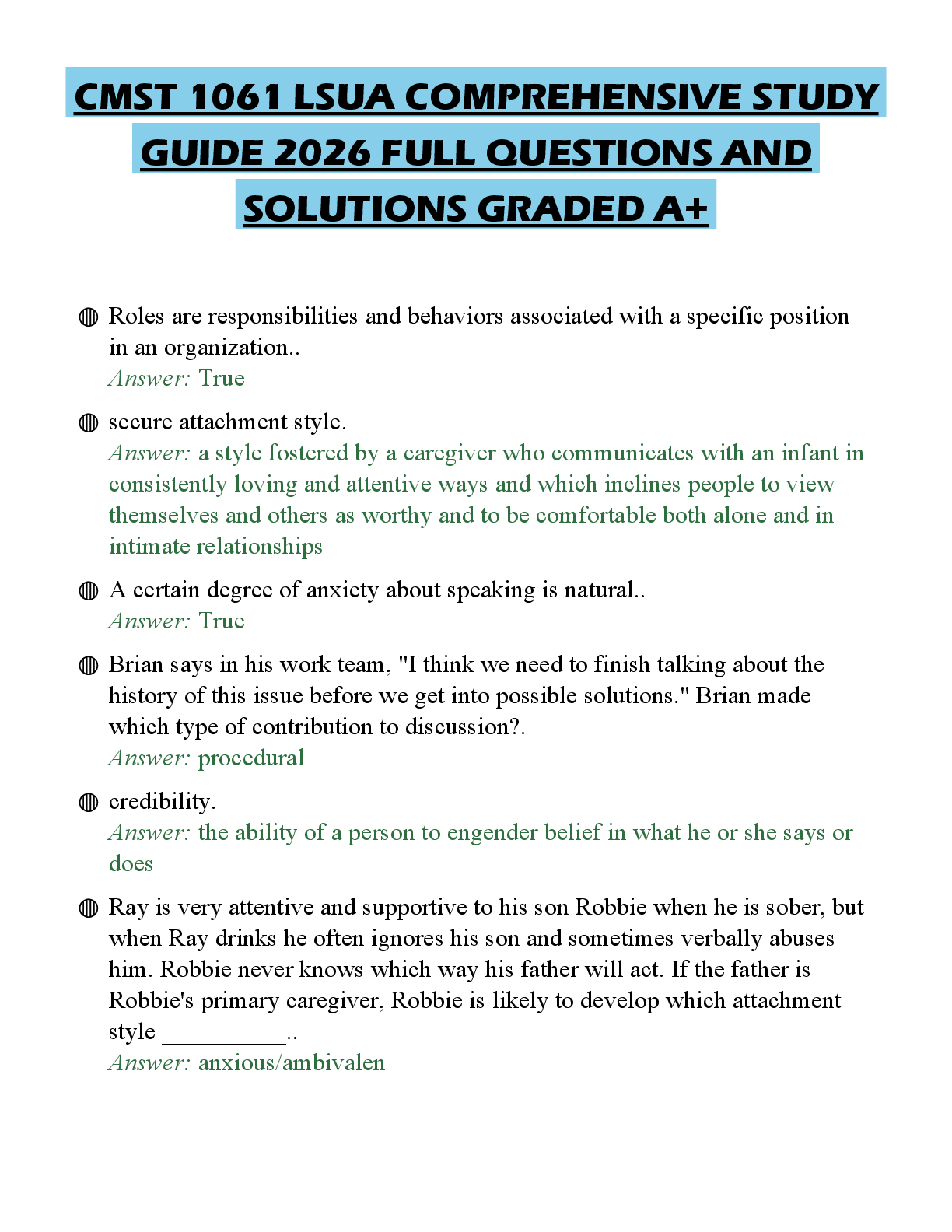 Recommended document preview for CMST 1061 LSUA COMPREHENSIVE STUDY GUIDE 2026 FULL QUESTIONS AND SOLUTIONS GRADED A+