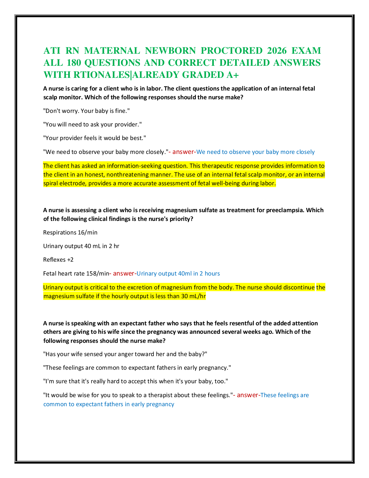 Recommended document preview for ATI RN MATERNAL NEWBORN PROCTORED 2026 EXAM  ALL 180 QUESTIONS AND CORRECT DETAILED ANSWERS  WITH RTIONALES|ALREADY GRADED A+