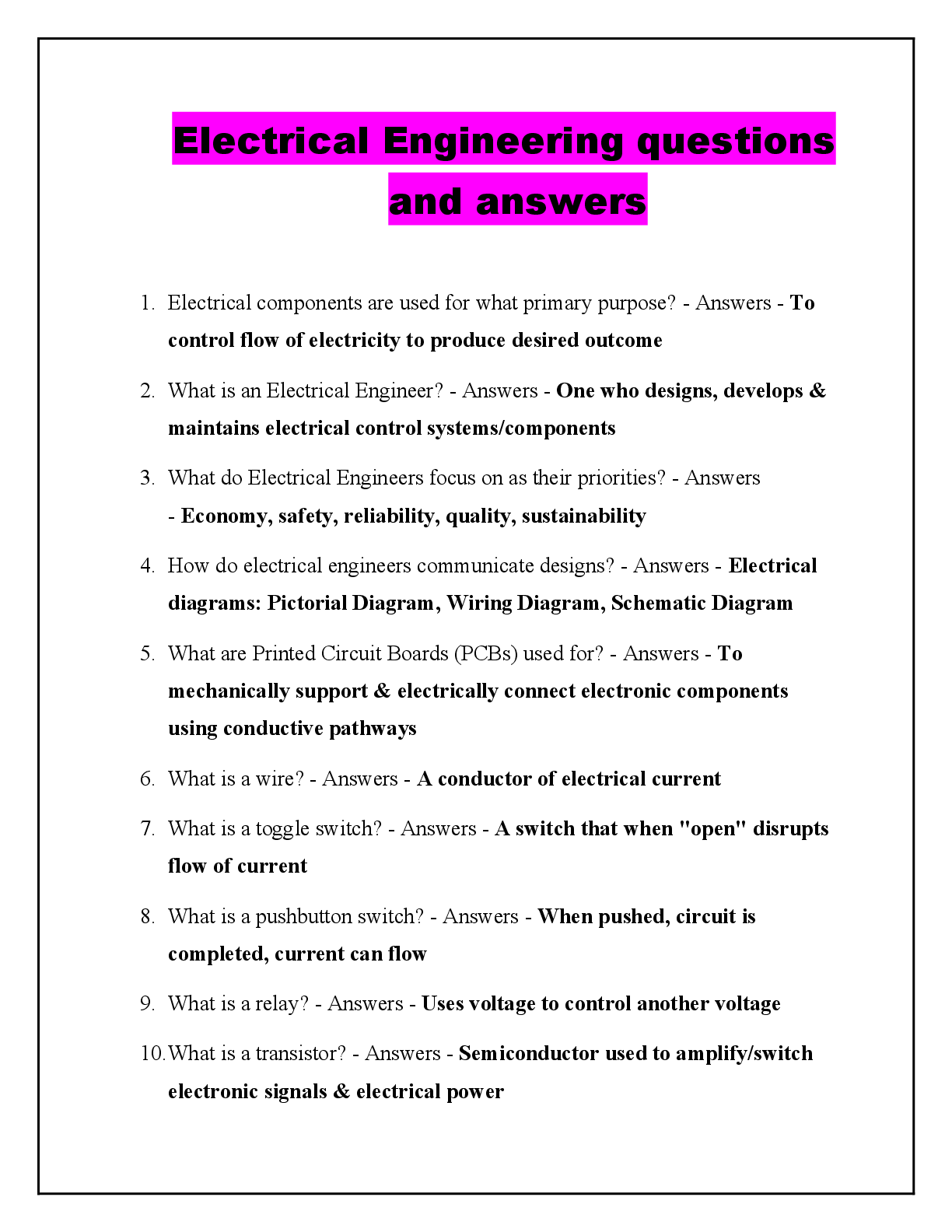 Recommended document preview for Electrical Engineering questions and answers