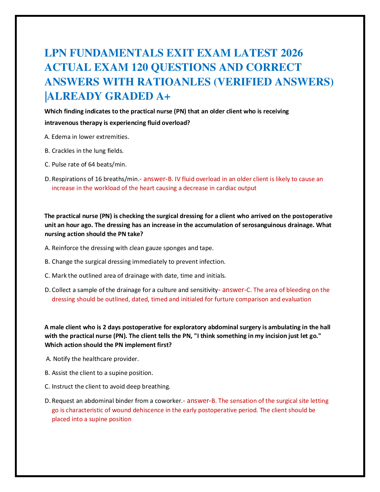 Recommended document preview for LPN FUNDAMENTALS EXIT EXAM LATEST 2026  ACTUAL EXAM 120 QUESTIONS AND CORRECT   ANSWERS WITH RATIOANLES (VERIFIED ANSWERS)  |ALREADY GRADED A+