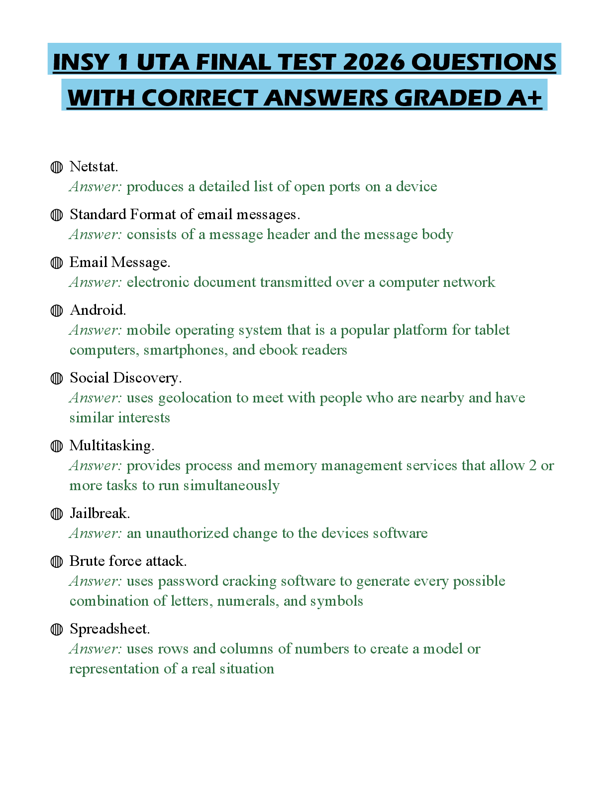 Recommended document preview for INSY 1 UTA FINAL TEST 2026 QUESTIONS WITH CORRECT ANSWERS GRADED A+
