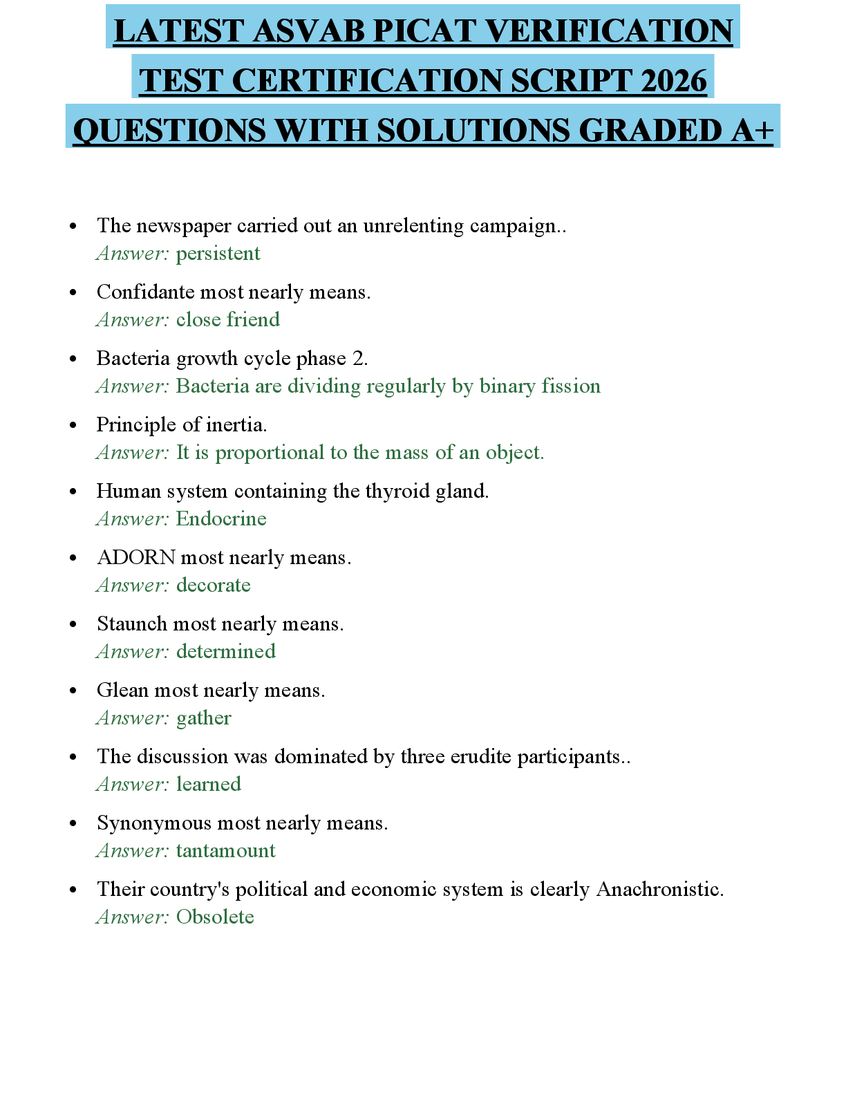 Preview of LATEST ASVAB PICAT VERIFICATION TEST FINAL TEST 2026 QUESTIONS WITH CORRECT ANSWERS GRADED