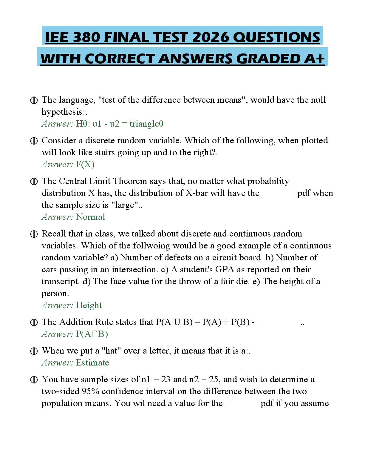 Recommended document preview for IEE 380 FINAL TEST 2026 QUESTIONS WITH CORRECT ANSWERS GRADED A+