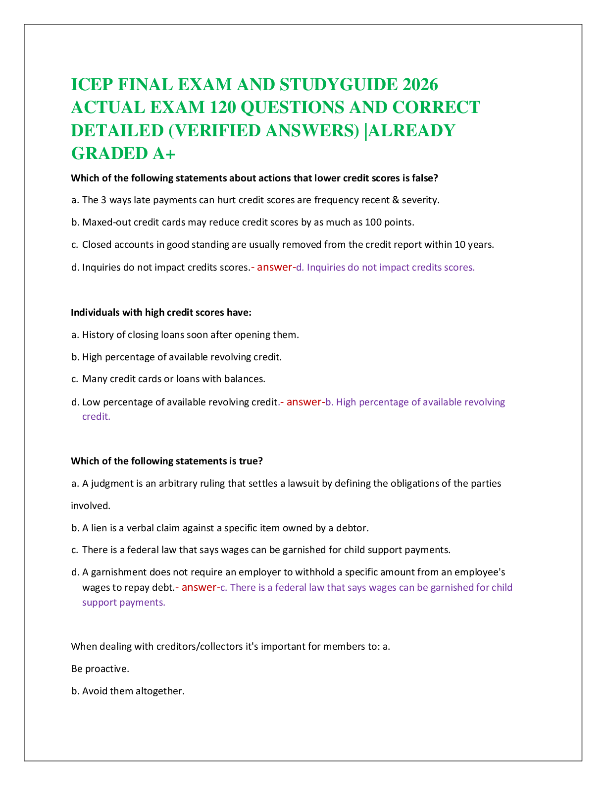 Recommended document preview for ICEP FINAL EXAM AND STUDYGUIDE 2026   ACTUAL EXAM 120 QUESTIONS AND CORRECT   DETAILED (VERIFIED ANSWERS) |ALREADY  GRADED A+