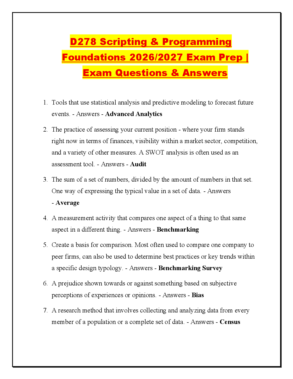 Recommended document preview for D278 Scripting & Programming Foundations 2026/2027 Exam Prep | Exam Questions & Answers