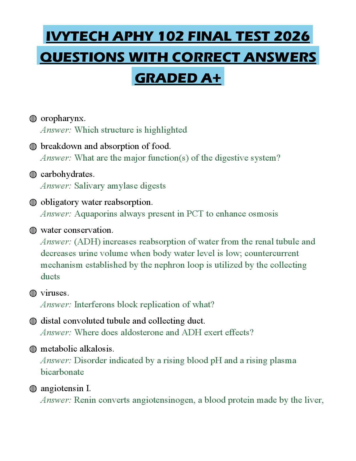 Preview of IVYTECH APHY 102 CERTIFICATION SCRIPT 2026 QUESTIONS WITH SOLUTIONS GRADED A