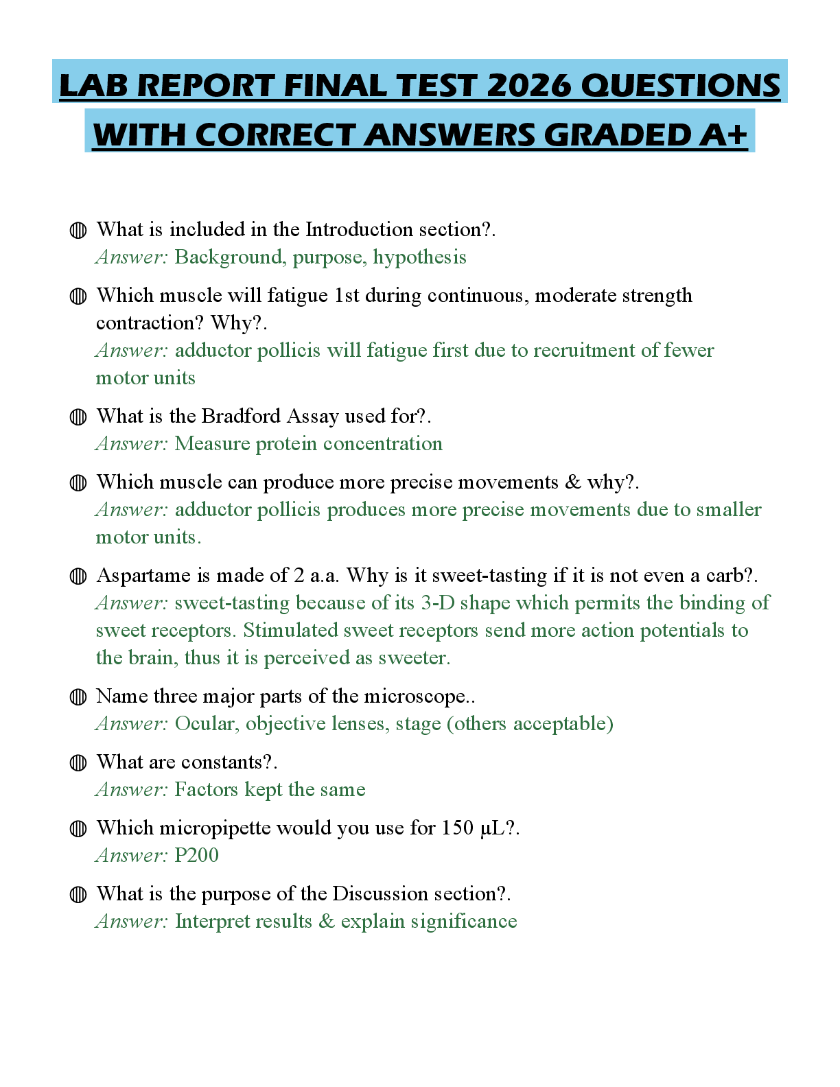 Recommended document preview for LAB REPORT PRACTICE EXAMINATION 2026 QUESTIONS WITH ANSWERS GRADED A+