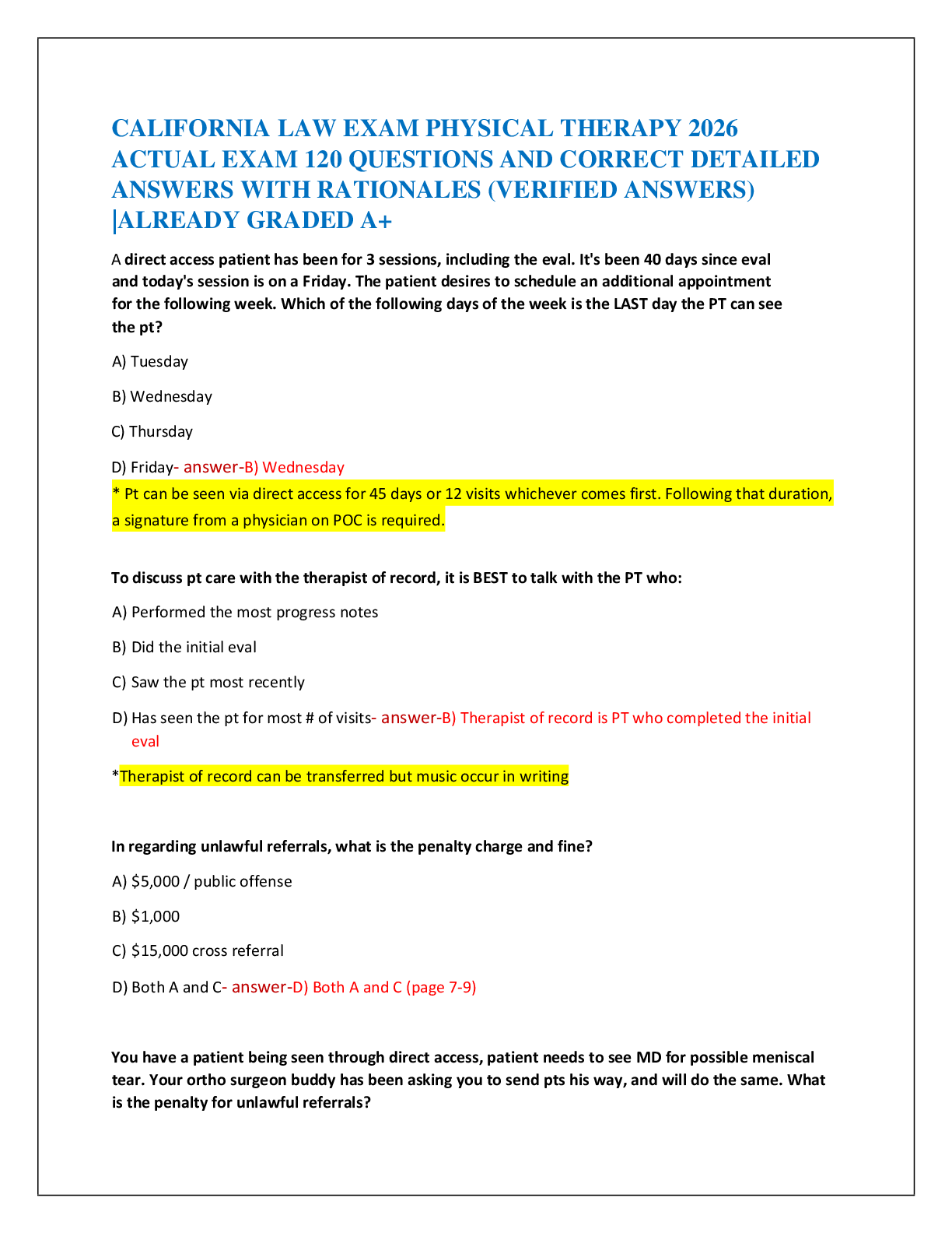 Recommended document preview for CALIFORNIA LAW EXAM PHYSICAL THERAPY 2026   ACTUAL EXAM 120 QUESTIONS AND CORRECT DETAILED   ANSWERS WITH RATIONALES (VERIFIED ANSWERS)  |ALREADY GRADED A+