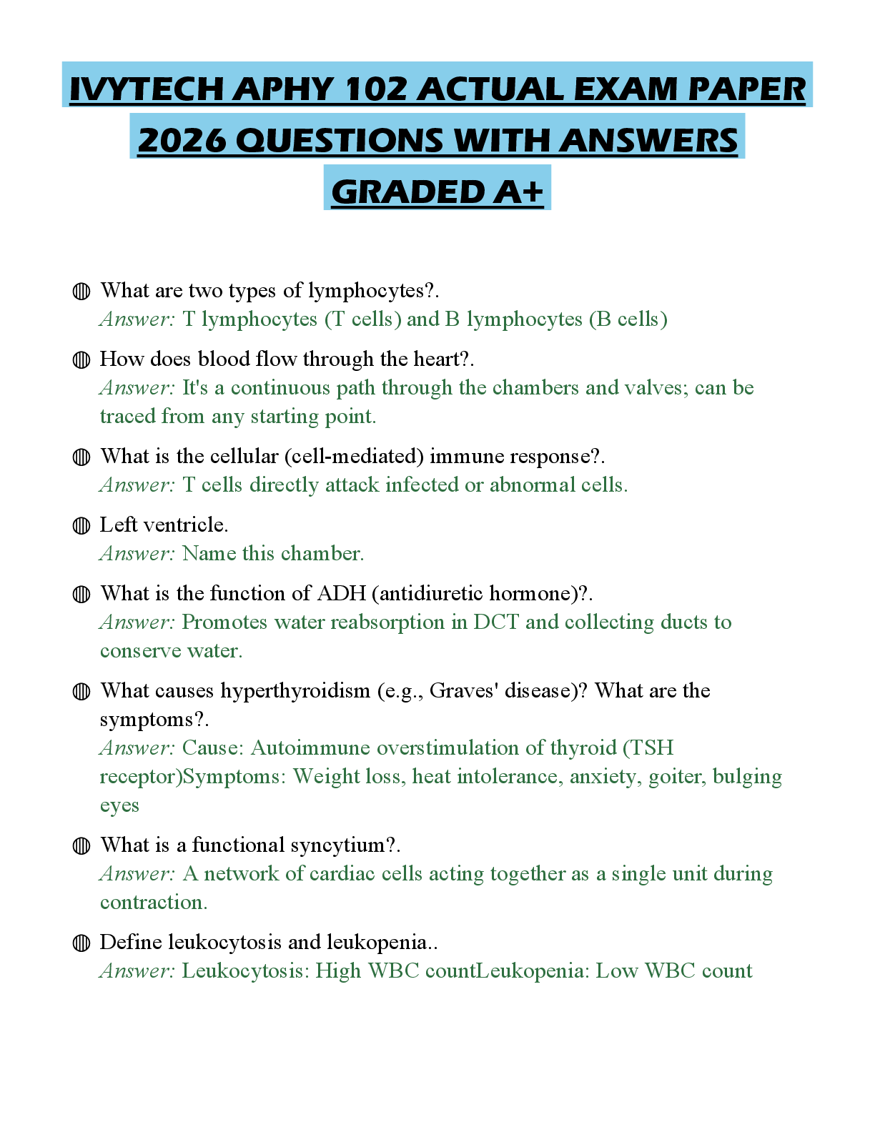 Preview of IVYTECH APHY 102 FINAL TEST 2026 QUESTIONS WITH CORRECT ANSWERS GRADED A+