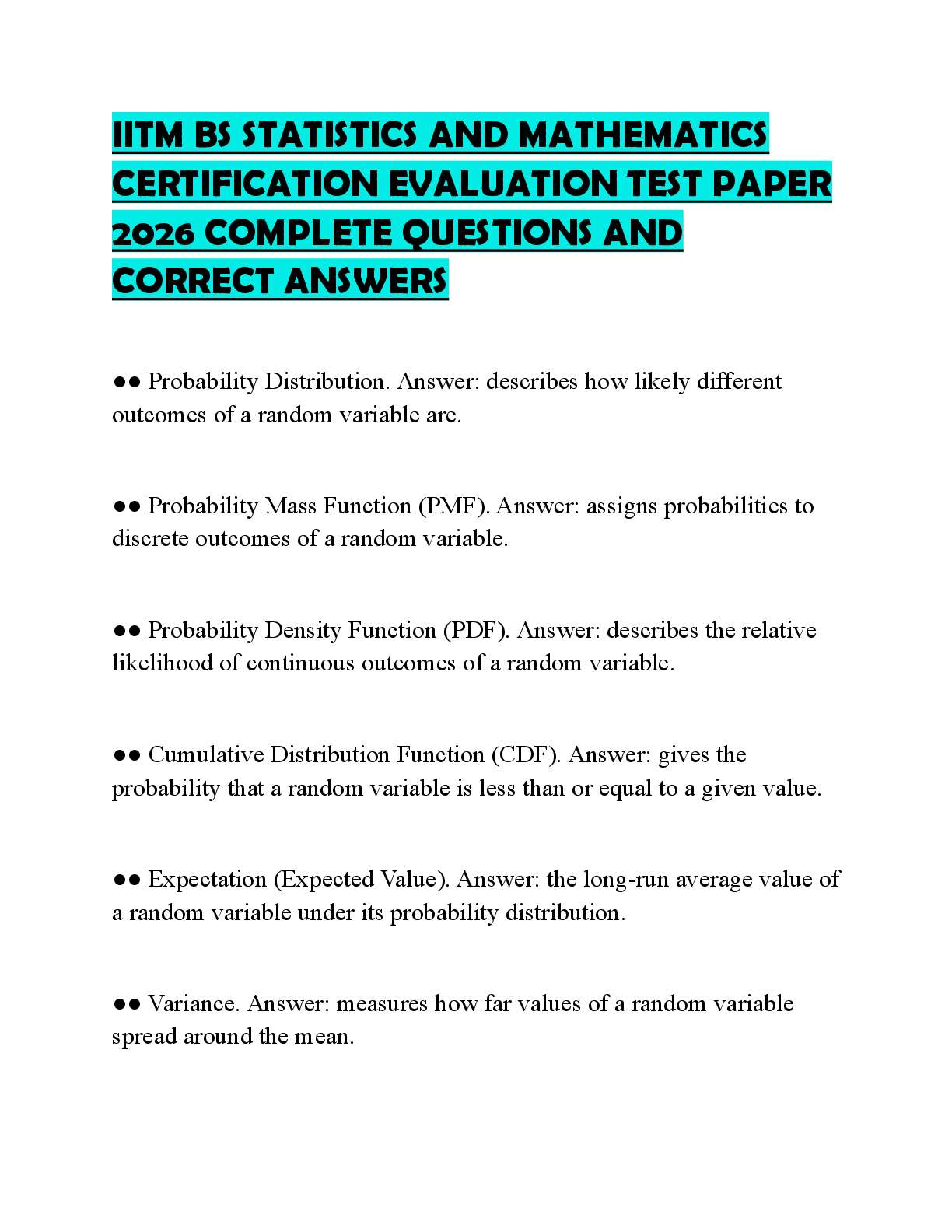 Recommended document preview for IITM BS STATISTICS AND MATHEMATICS CERTIFICATION EVALUATION TEST PAPER 2026 COMPLETE QUESTIONS AND CORRECT ANSWERS