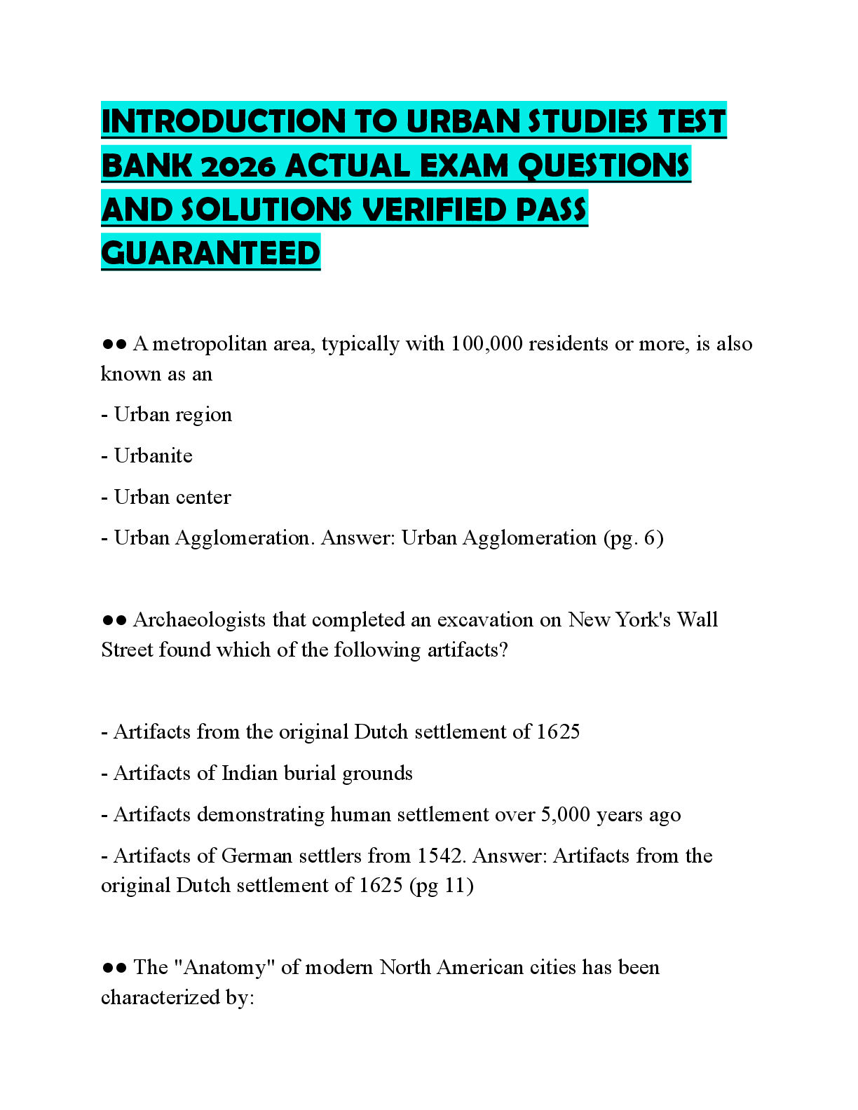 Recommended document preview for INTRODUCTION TO URBAN STUDIES TEST BANK 2026 ACTUAL EXAM QUESTIONS AND SOLUTIONS VERIFIED PASS GUARANTEED