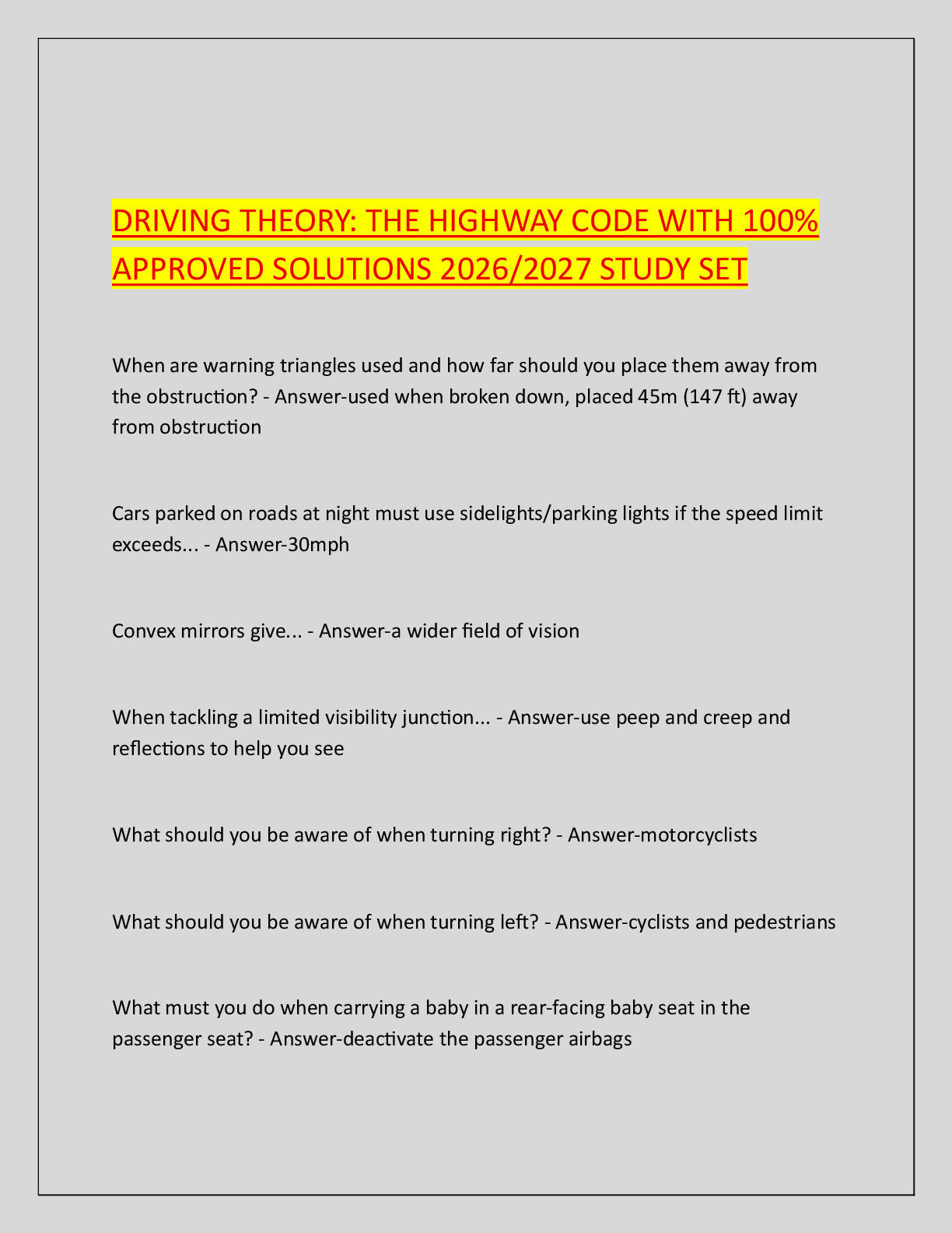 Recommended document preview for DRIVING THEORY: THE HIGHWAY CODE WITH 100%  APPROVED SOLUTIONS 2026/2027 STUDY SET
